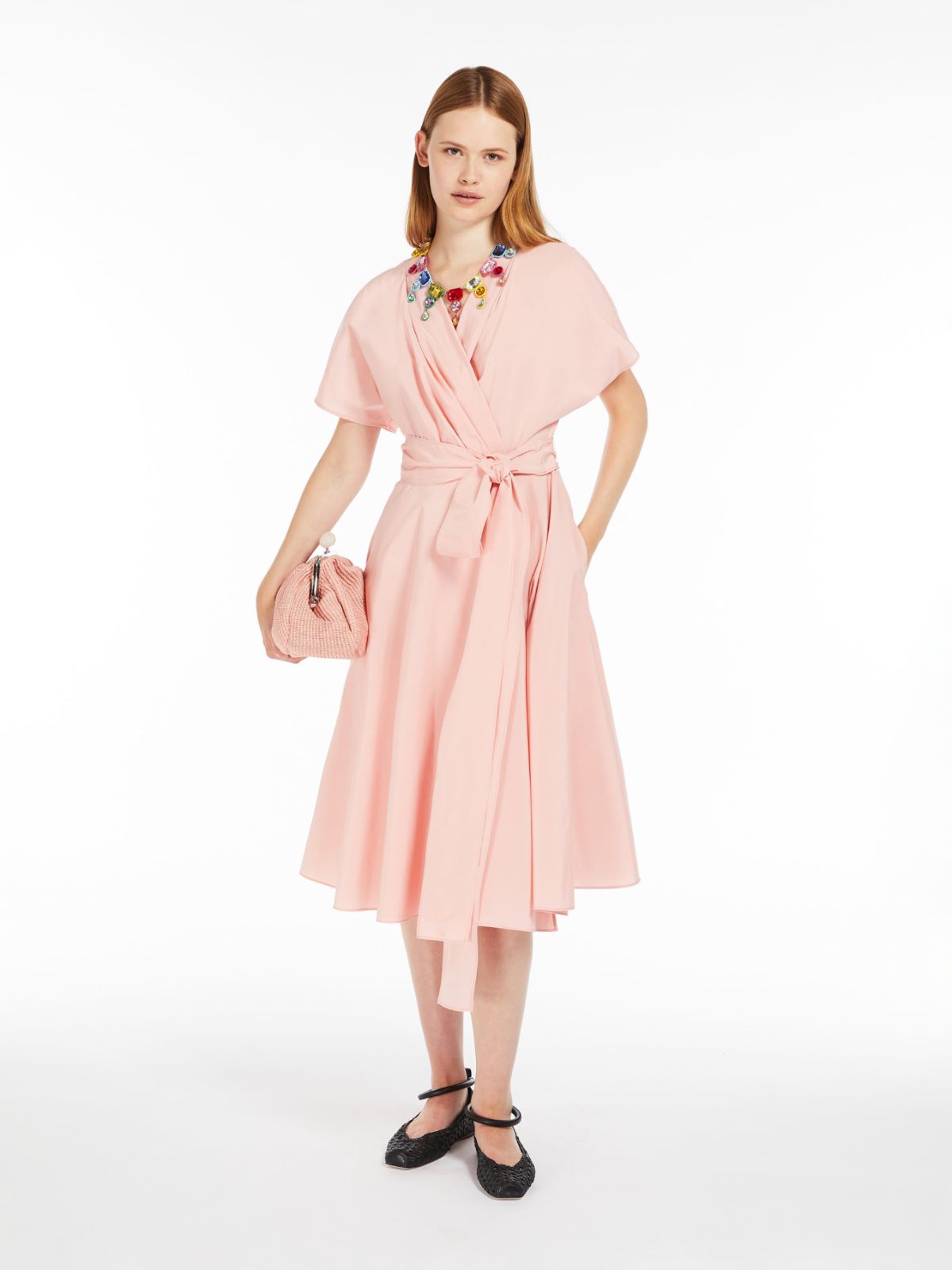 塔夫绸V领连衣裙 - 粉红色 - Marina Rinaldi