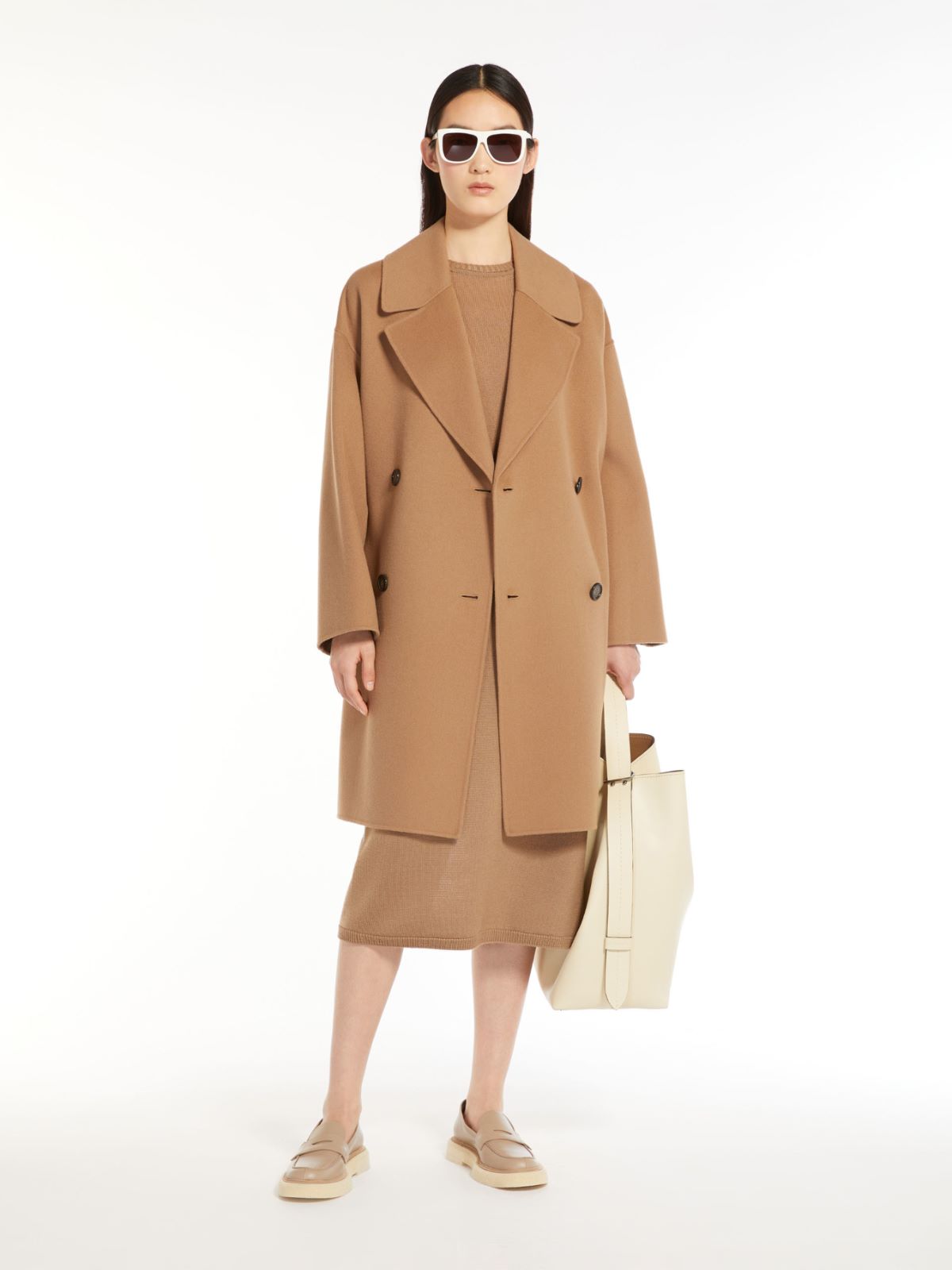 双排扣绵羊毛大衣 - 驼色 - Marina Rinaldi