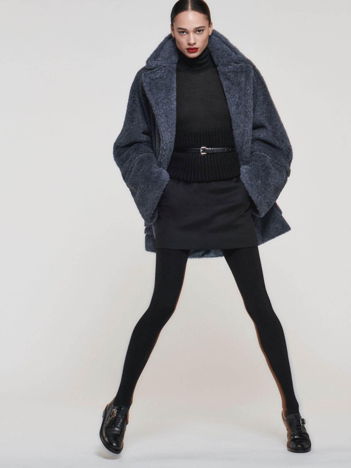 Short Teddy Bear Icon Coat in alpaca and wool - 牛仔蓝 - Marina Rinaldi
