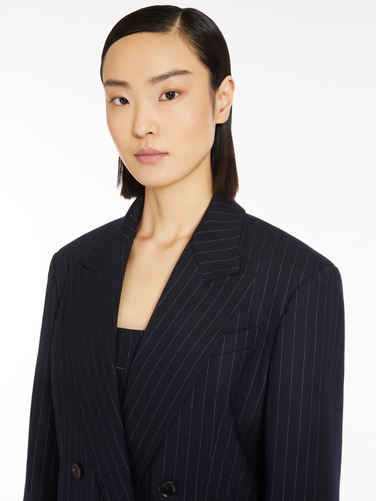 Pinstriped wool double-breasted blazer - 蓝色 - Marina Rinaldi - 4
