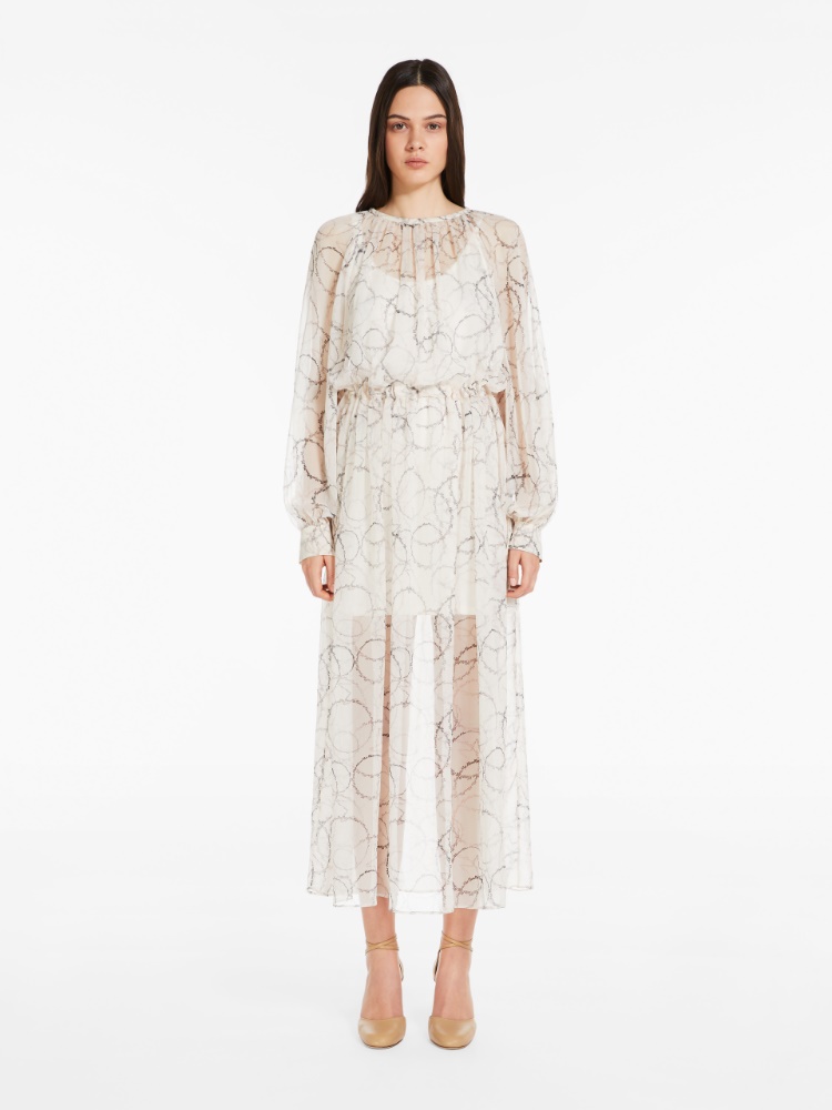 Printed silk dress with drawstring - 香草色 - Marina Rinaldi - 2