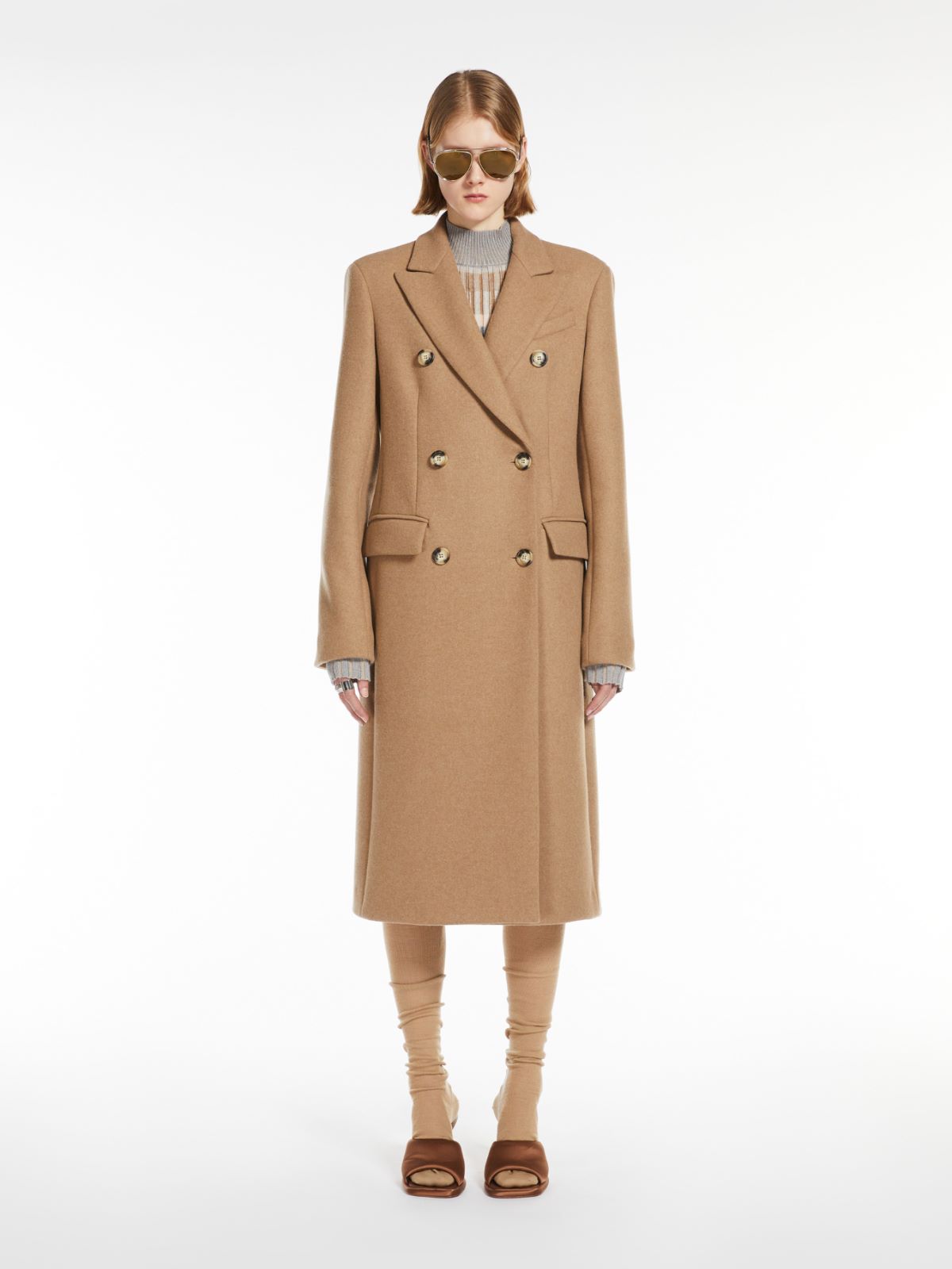 Double-breasted cashmere-blend coat - 驼色 - Marina Rinaldi