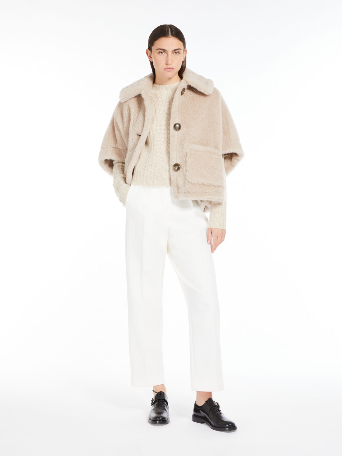 Alpaca and wool Teddy fabric boxy cape - 米色 - Marina Rinaldi