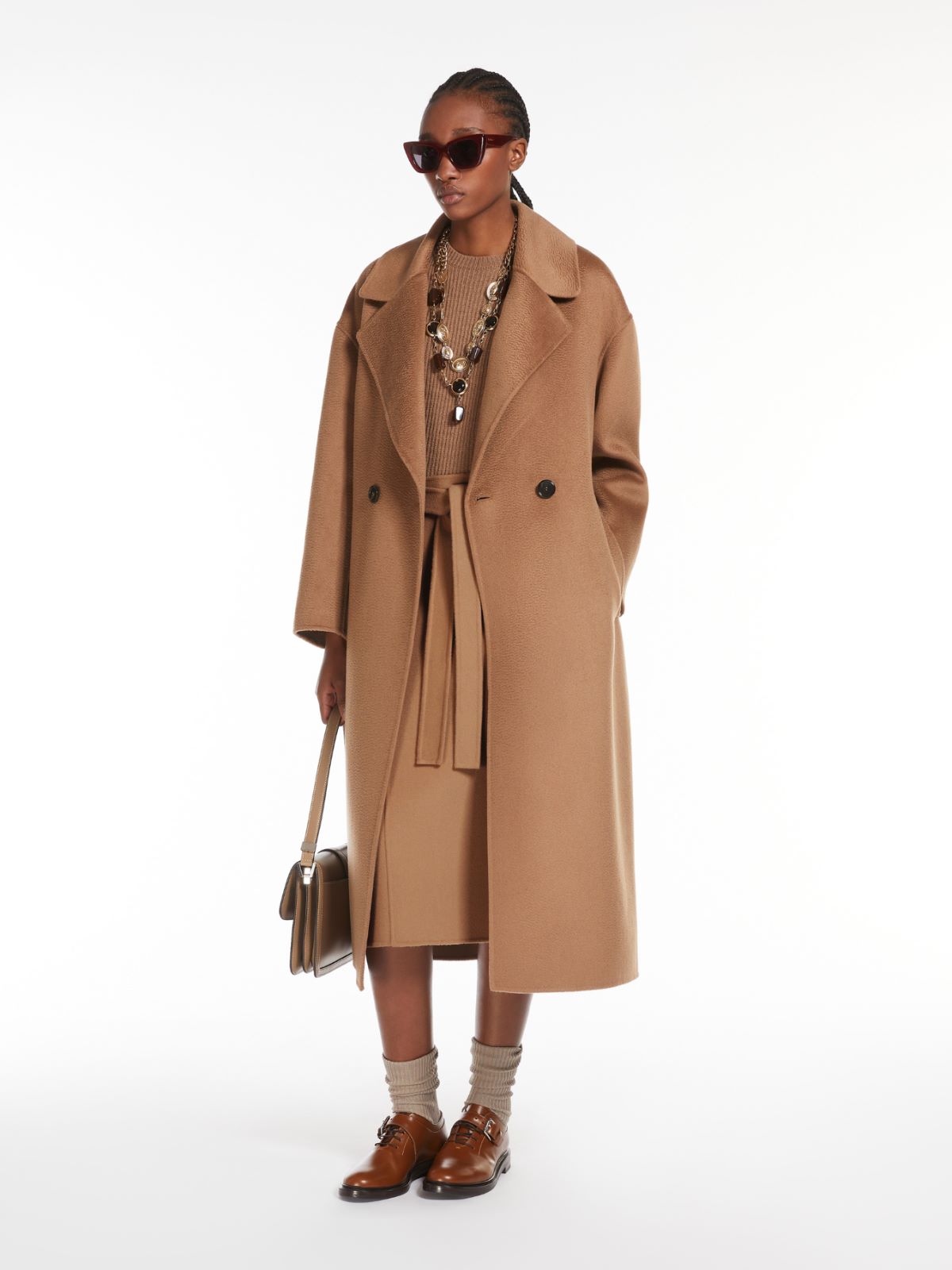 Double-breasted wool and cashmere coat - 驼色 - Marina Rinaldi