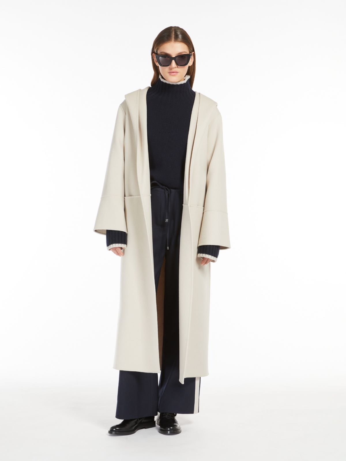 Wool hooded wrap coat - 本色 - Marina Rinaldi