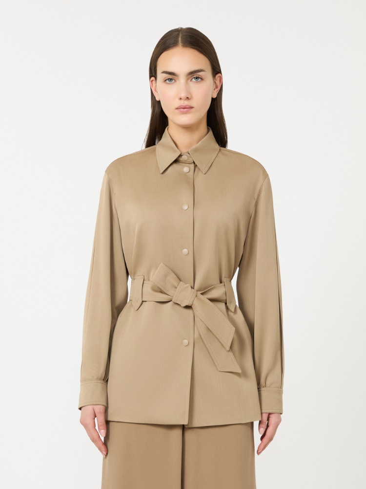 绵羊毛衬衫领系带夹克外套 - 浅棕色 - Marina Rinaldi - 2