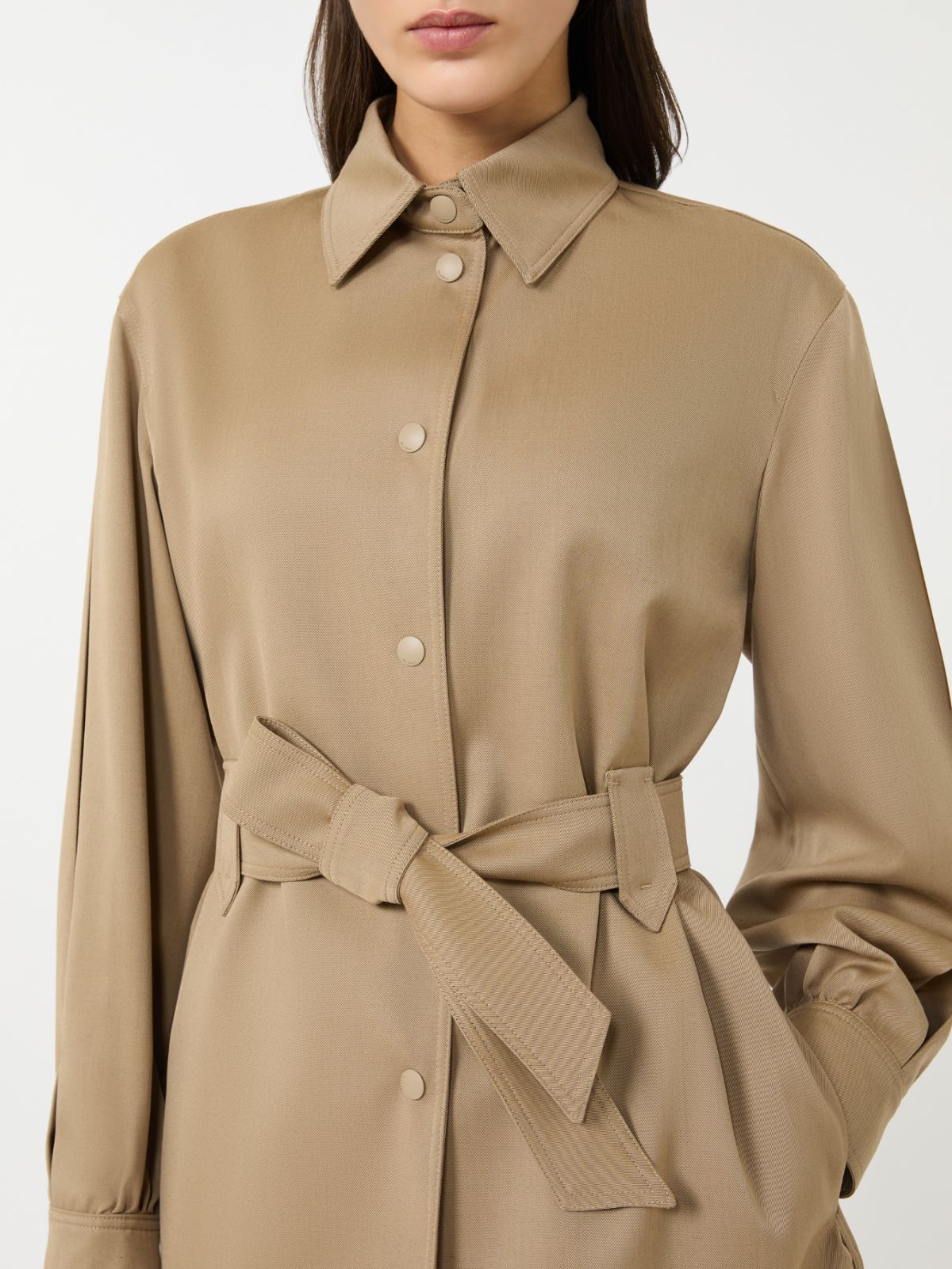 绵羊毛衬衫领系带夹克外套 - 浅棕色 - Marina Rinaldi - 4