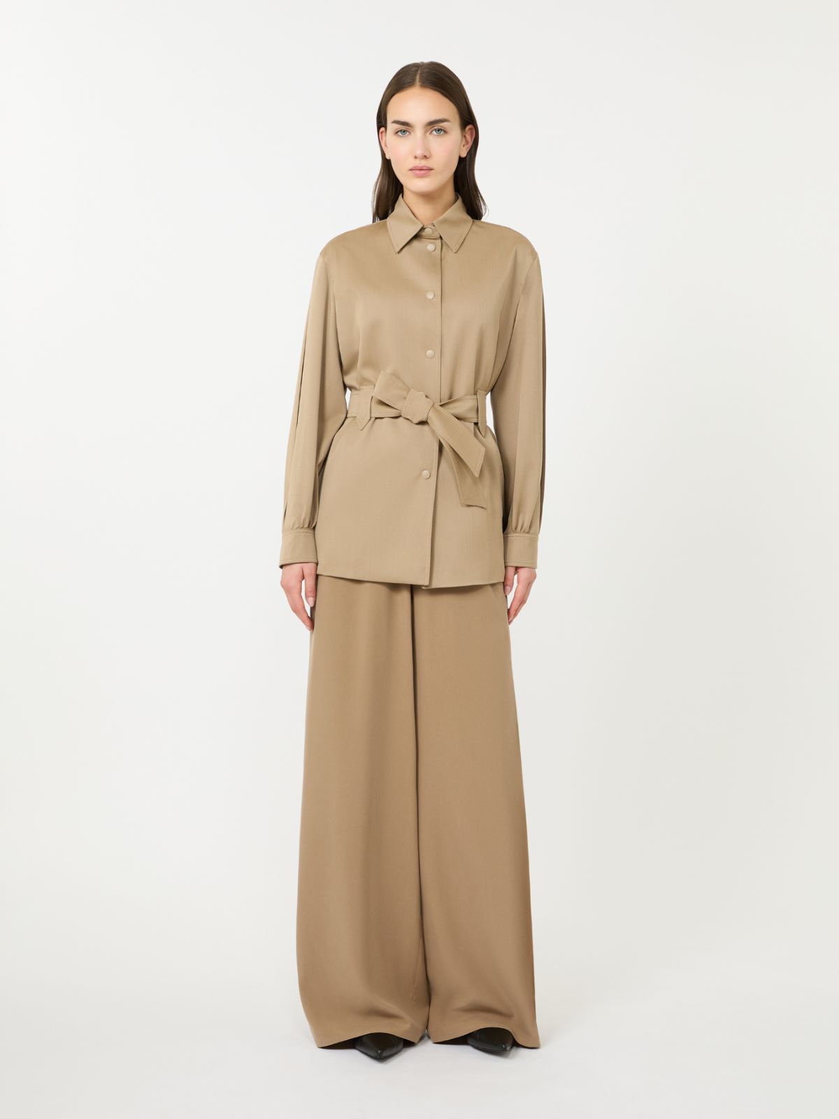 绵羊毛衬衫领系带夹克外套 - 浅棕色 - Marina Rinaldi