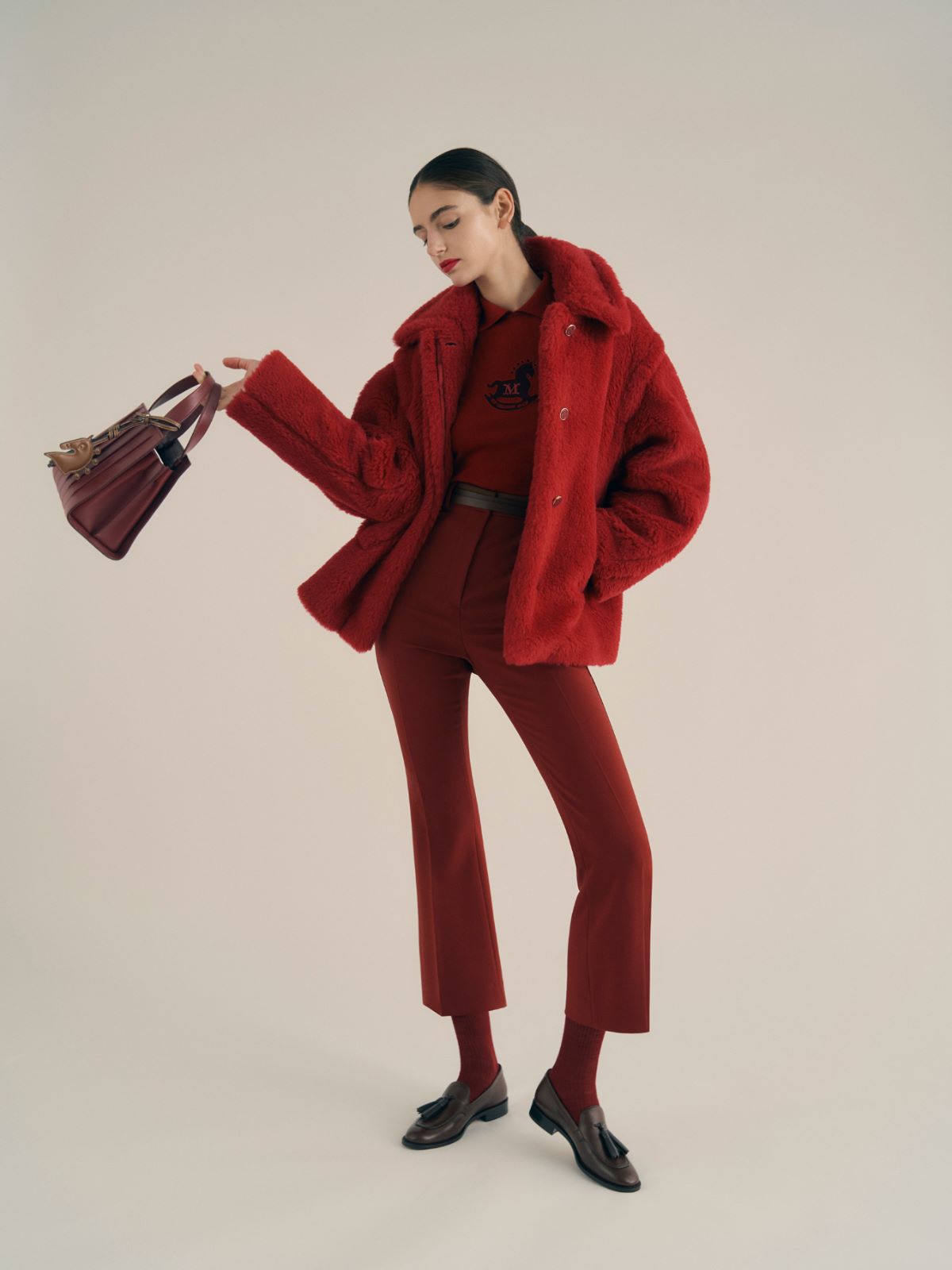 羊驼毛混纺短款泰迪熊大衣 - 紅色 - Marina Rinaldi