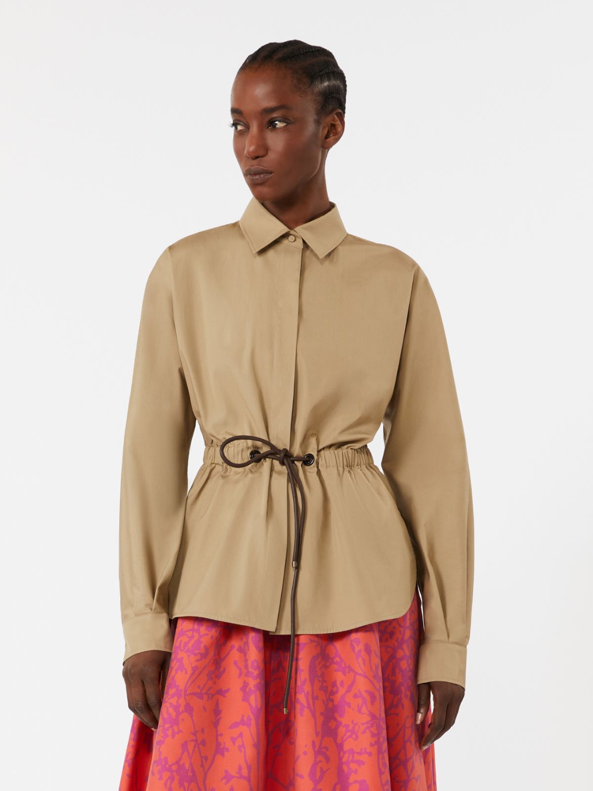 棉质抽绳纯色衬衫 - 绿色 - Marina Rinaldi - 2