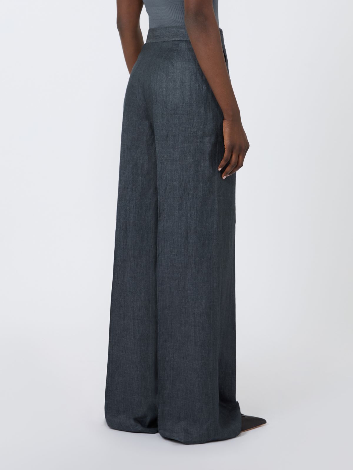 亚麻高腰阔腿长裤 - 灰色 - Marina Rinaldi - 3