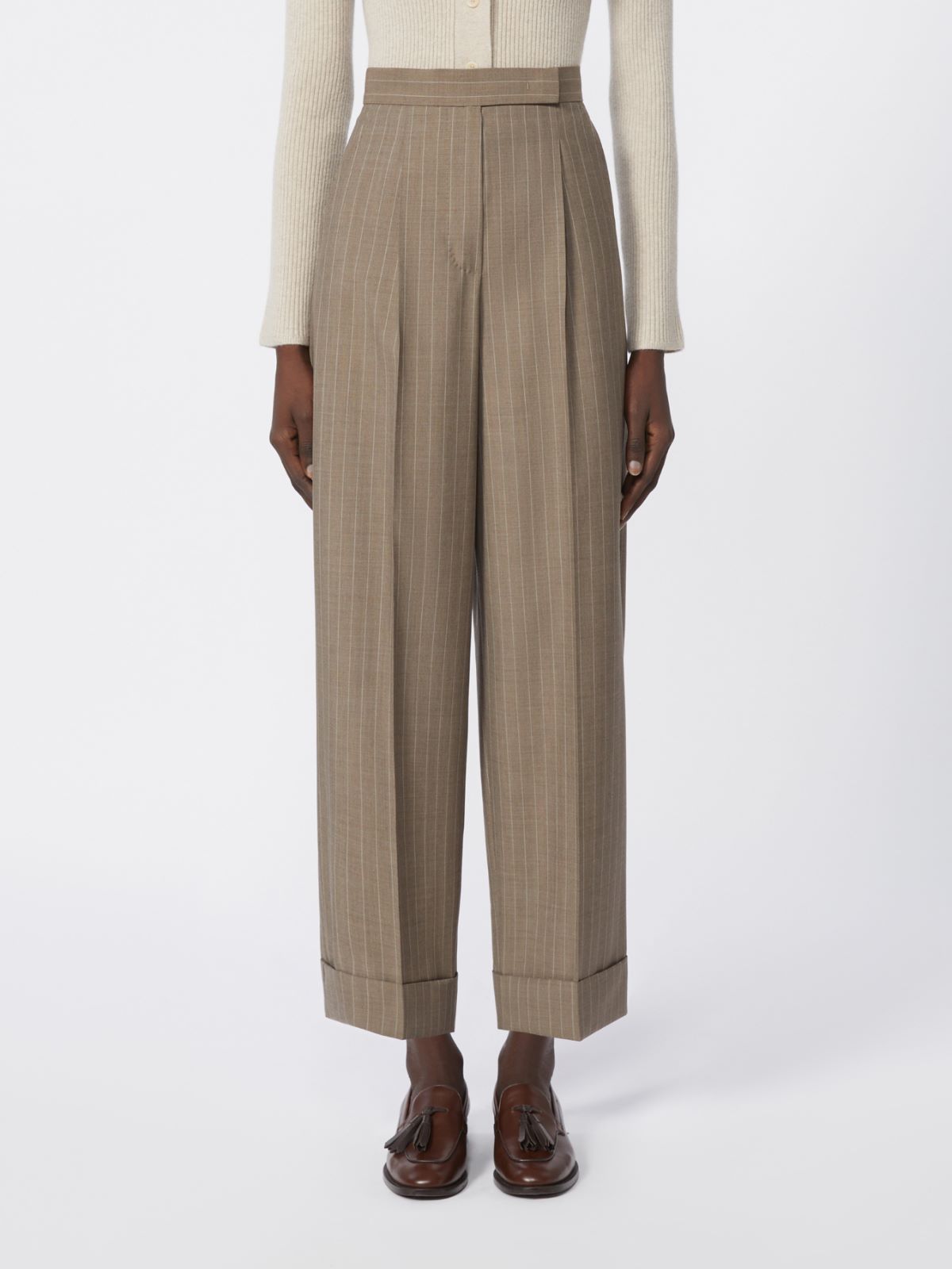 绵羊毛条纹长裤 - 浅棕色 - Marina Rinaldi - 2
