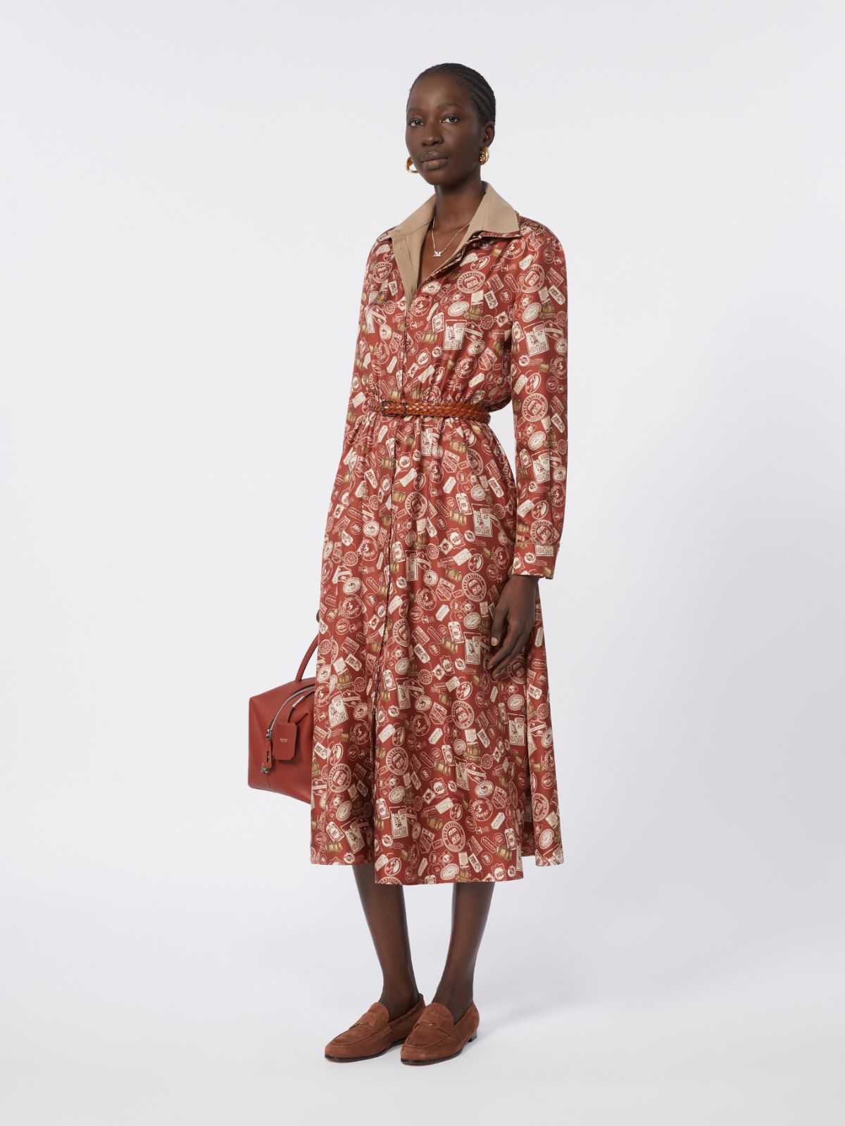 Printed silk shirt dress - 褐色 - Marina Rinaldi