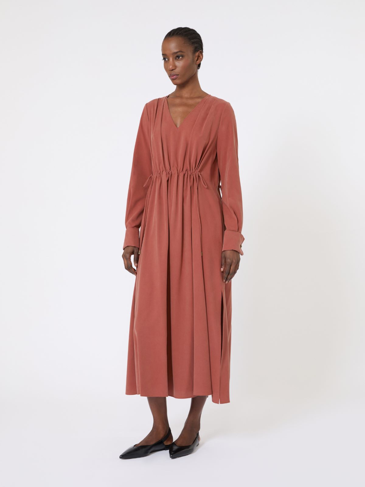 Washed silk canvas dress - 褐色 - Marina Rinaldi