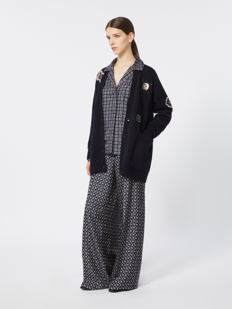 绵羊毛山羊绒混纺长款开衫 - 蓝色 - Marina Rinaldi