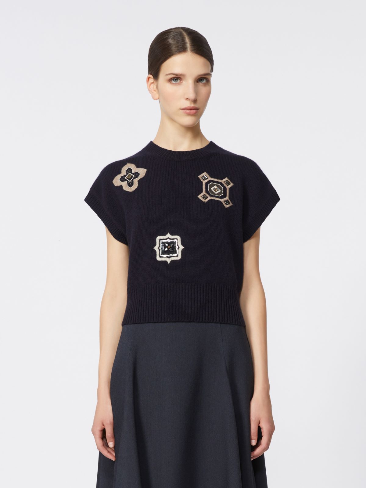 绵羊毛山羊绒短款毛衣 - 蓝色 - Marina Rinaldi - 2