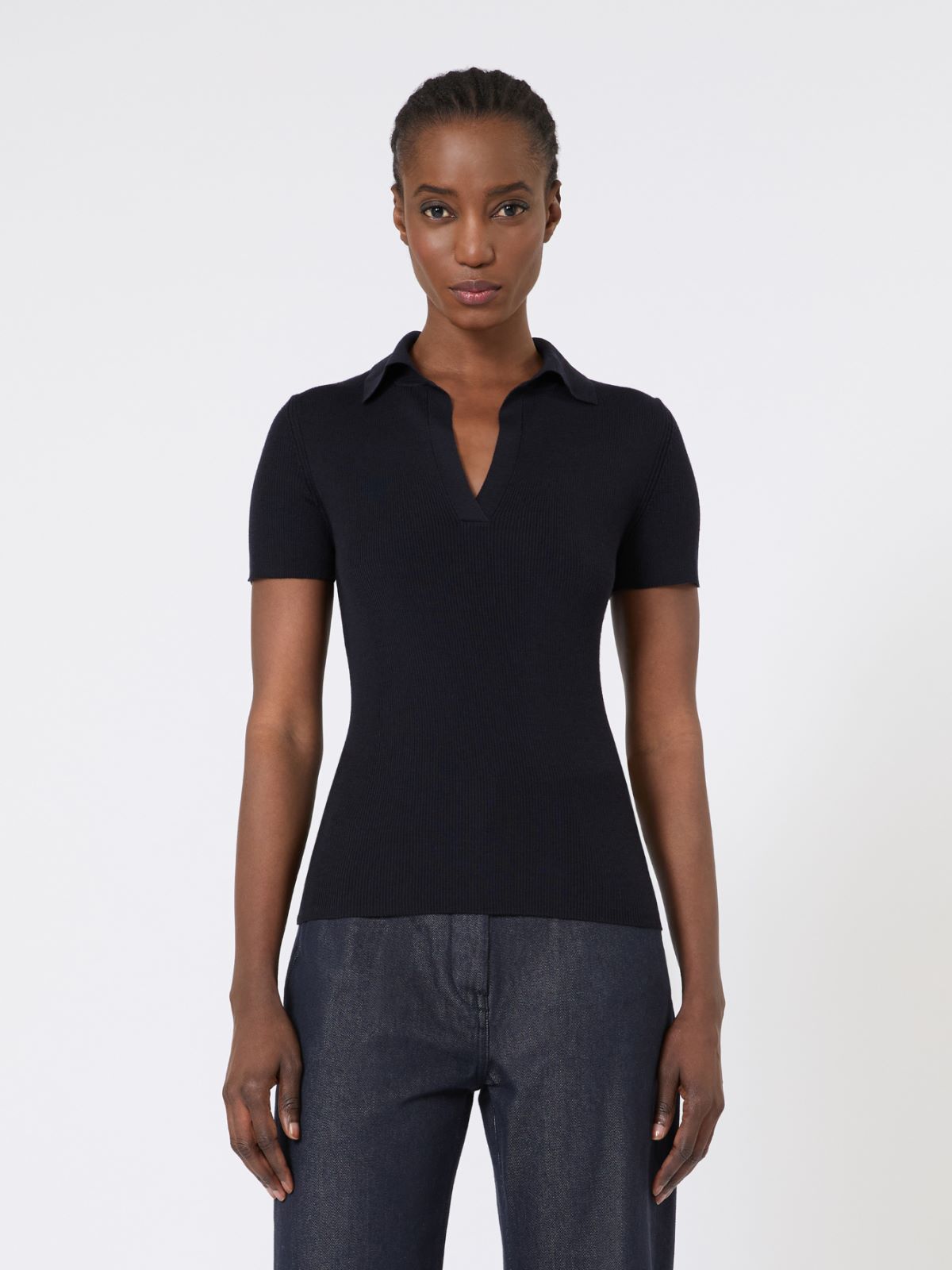 针织修身短袖polo衫 - 蓝色 - Marina Rinaldi - 2