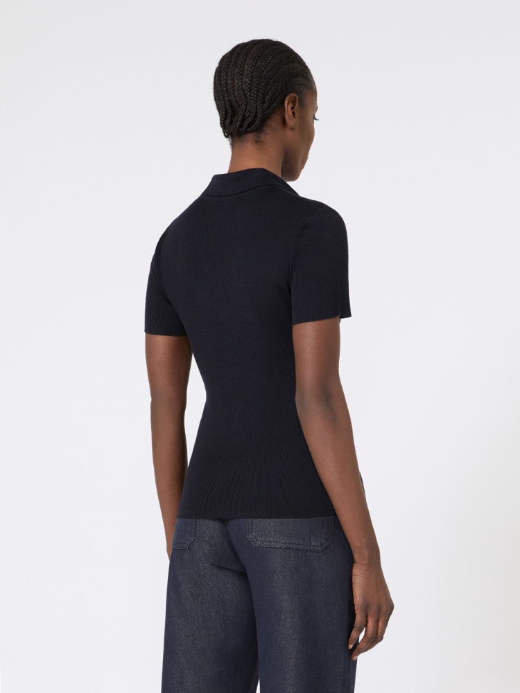 针织修身短袖polo衫 - 蓝色 - Marina Rinaldi - 3