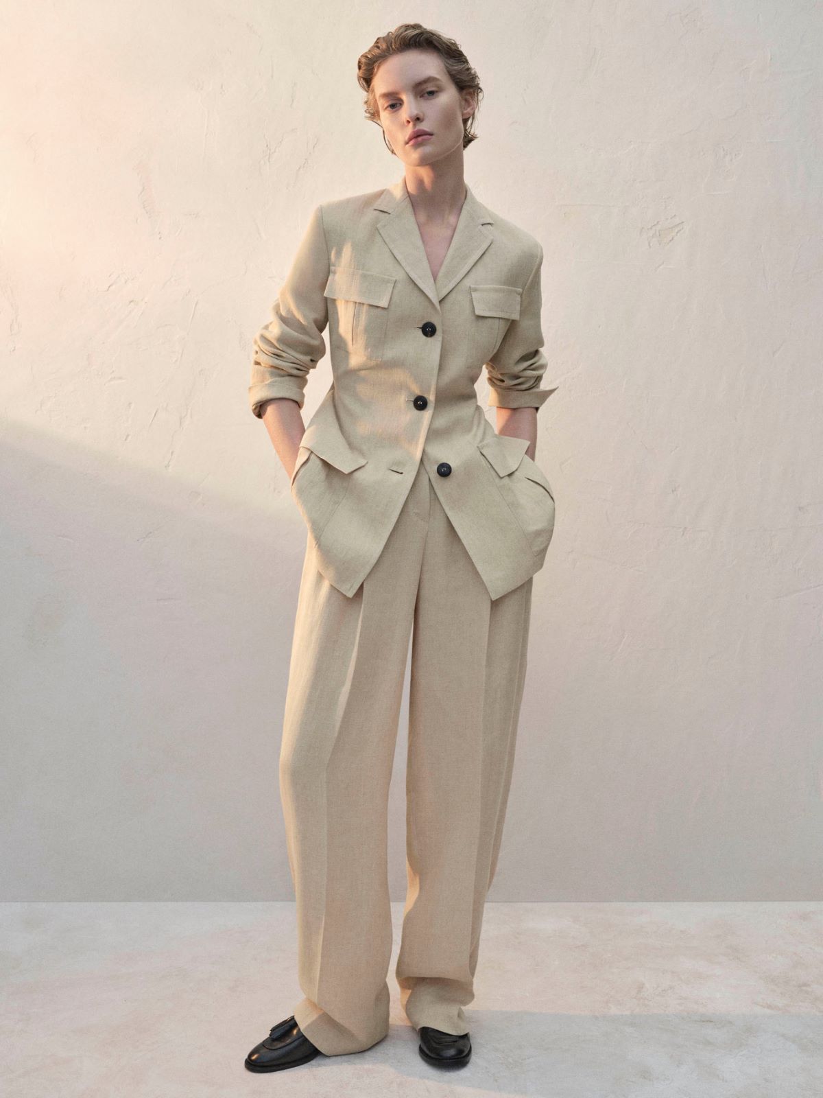 亚麻阔腿长裤 - 米色 - Marina Rinaldi