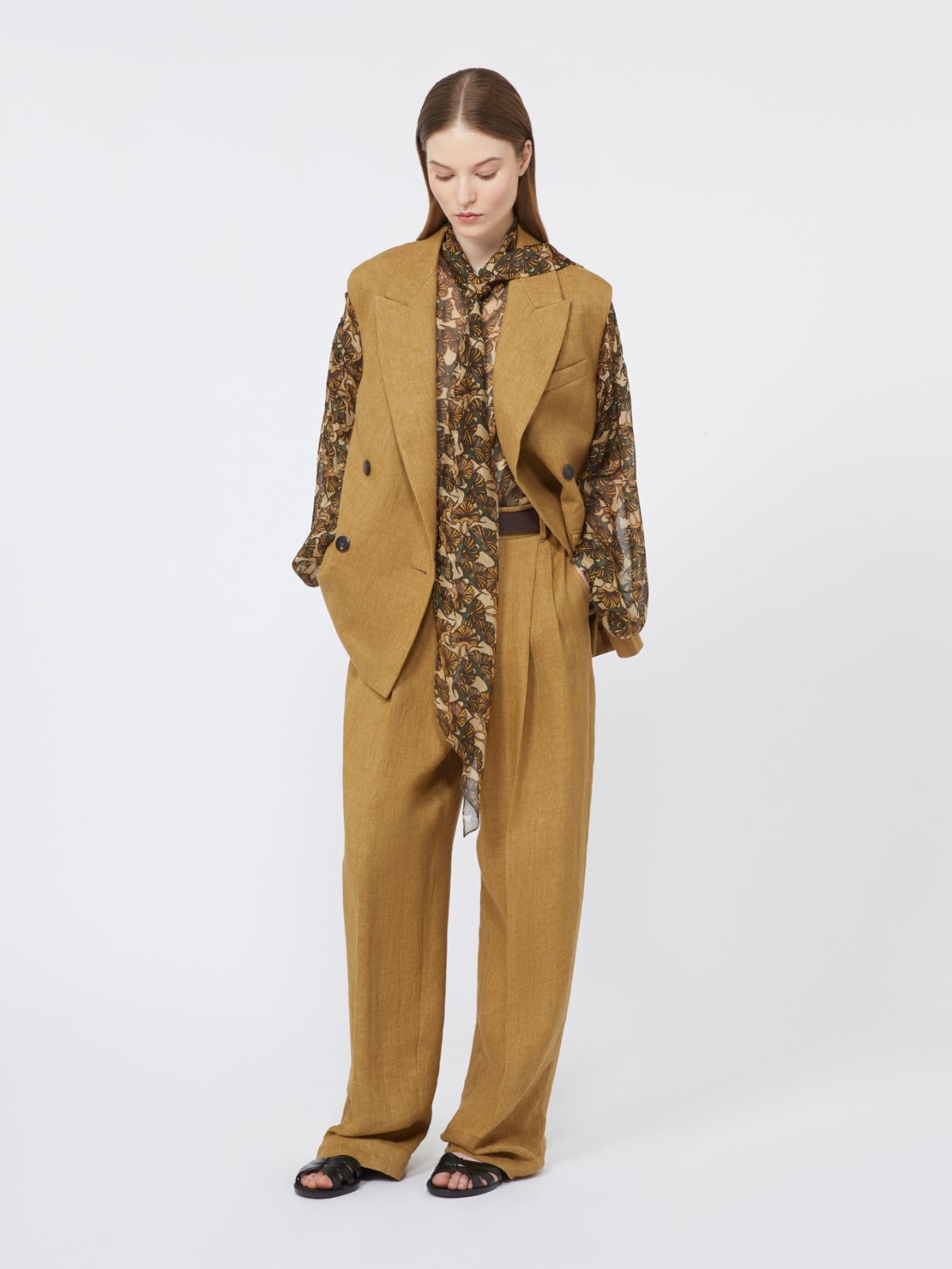 亚麻阔腿长裤 - 赭色 - Marina Rinaldi