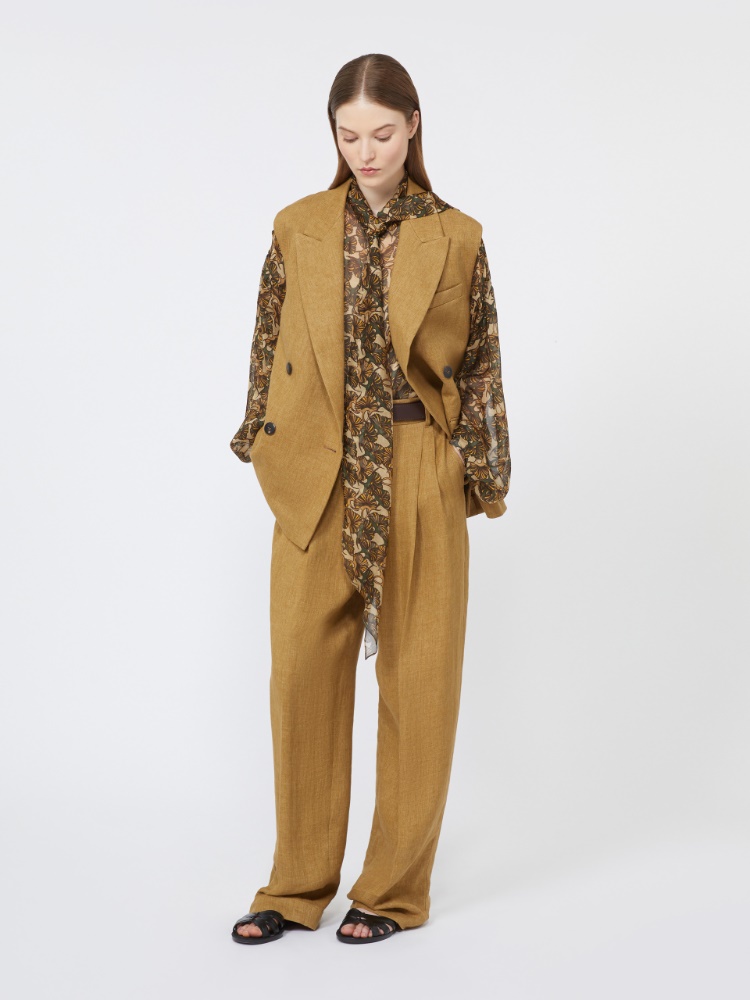 亚麻阔腿长裤 - 赭色 - Marina Rinaldi