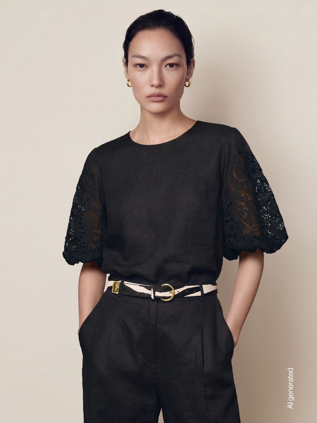 苎麻直筒短袖T恤 - 黑色 - Marina Rinaldi