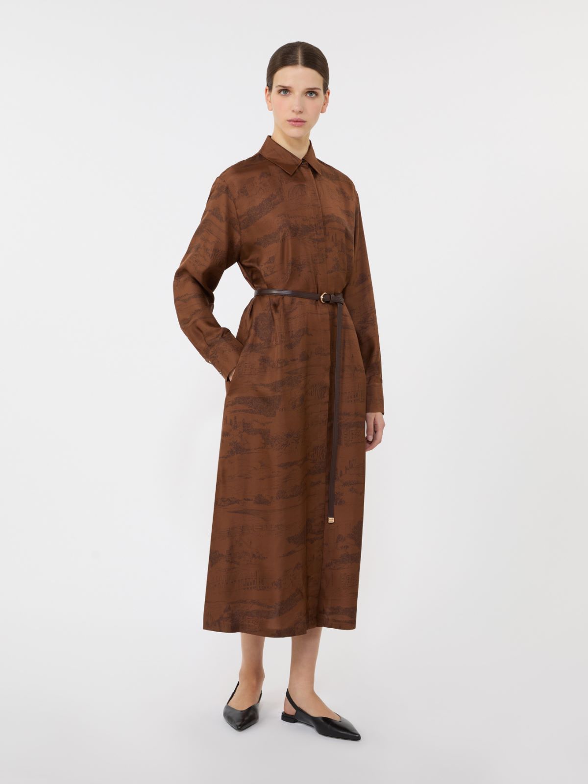 真丝印花连衣裙 - 褐色 - Marina Rinaldi