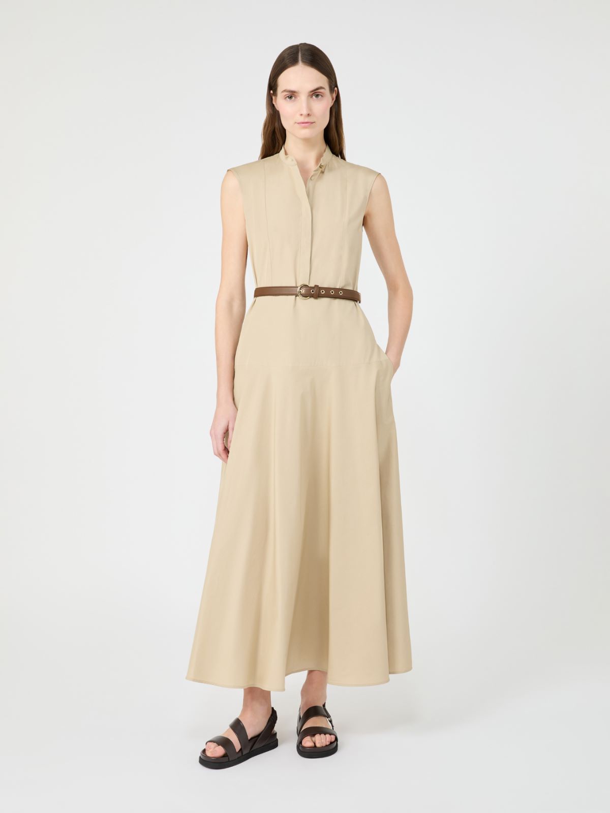 棉质无袖长款连衣裙 - 米色 - Marina Rinaldi