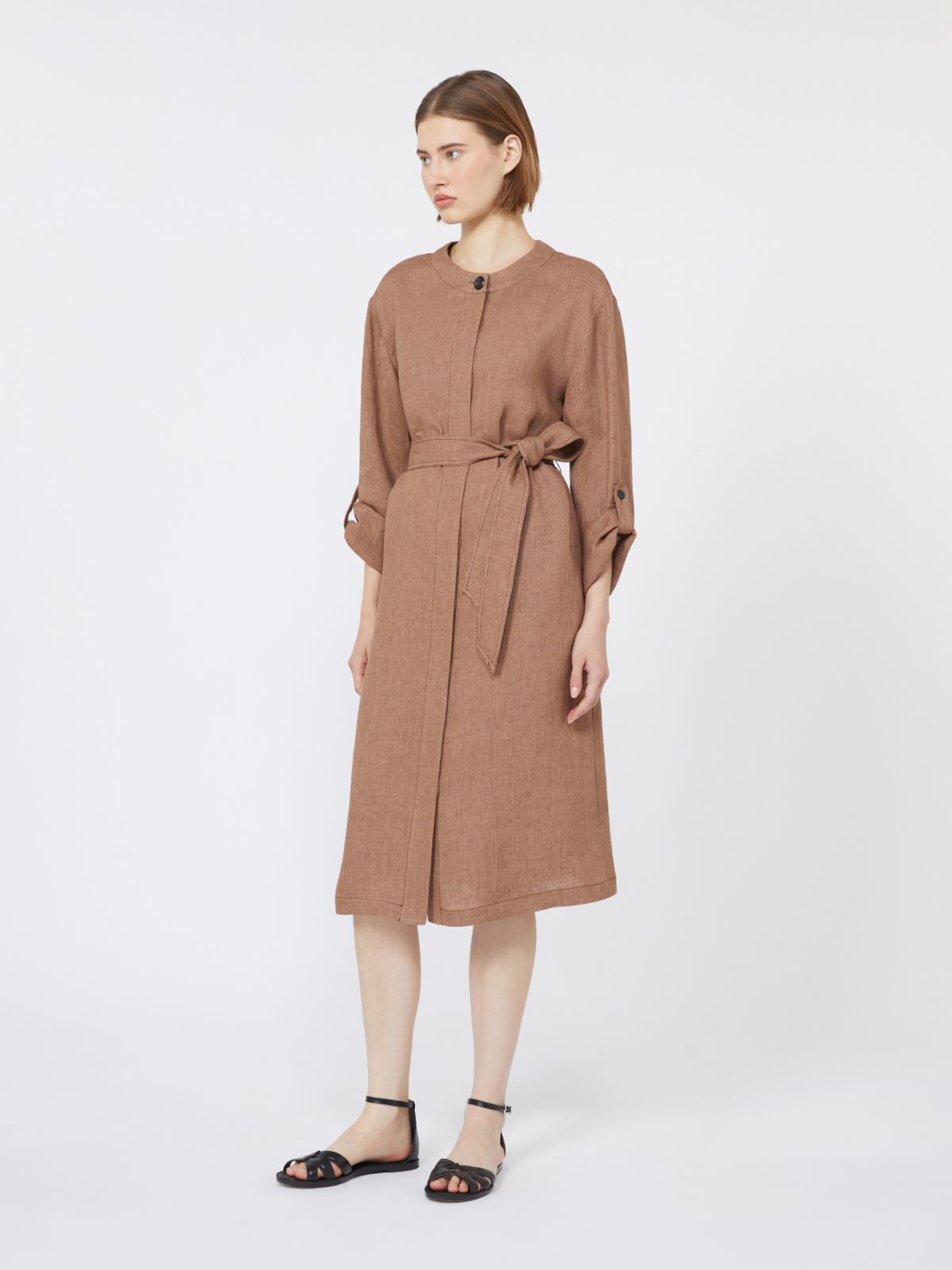 亚麻直筒长款连衣裙 - 褐色 - Marina Rinaldi - 2