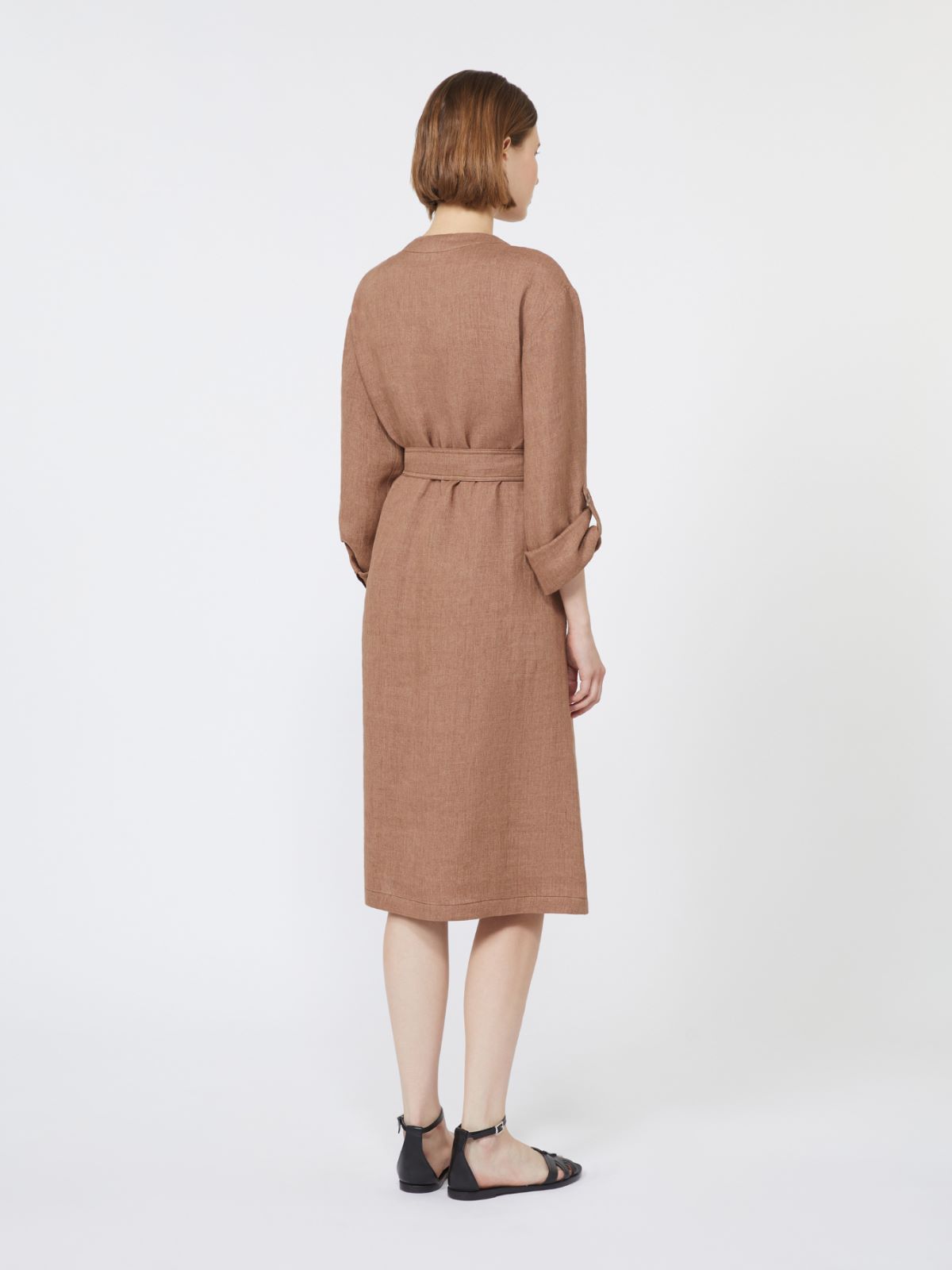 亚麻直筒长款连衣裙 - 褐色 - Marina Rinaldi - 3