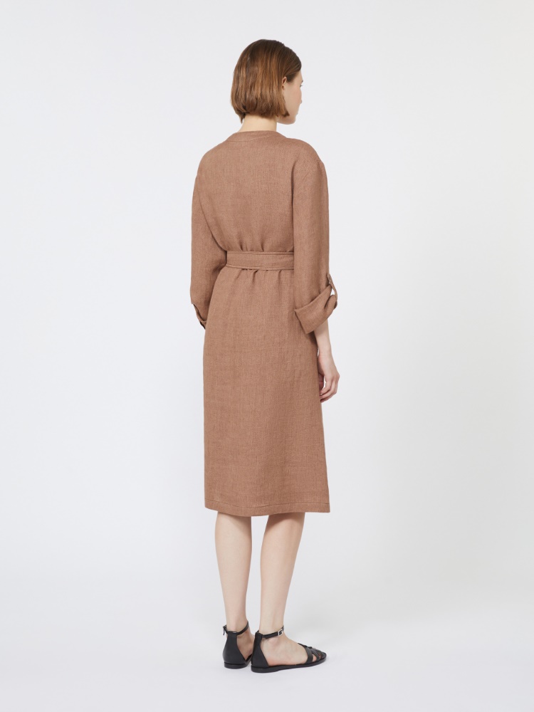 亚麻直筒长款连衣裙 - 褐色 - Marina Rinaldi - 3