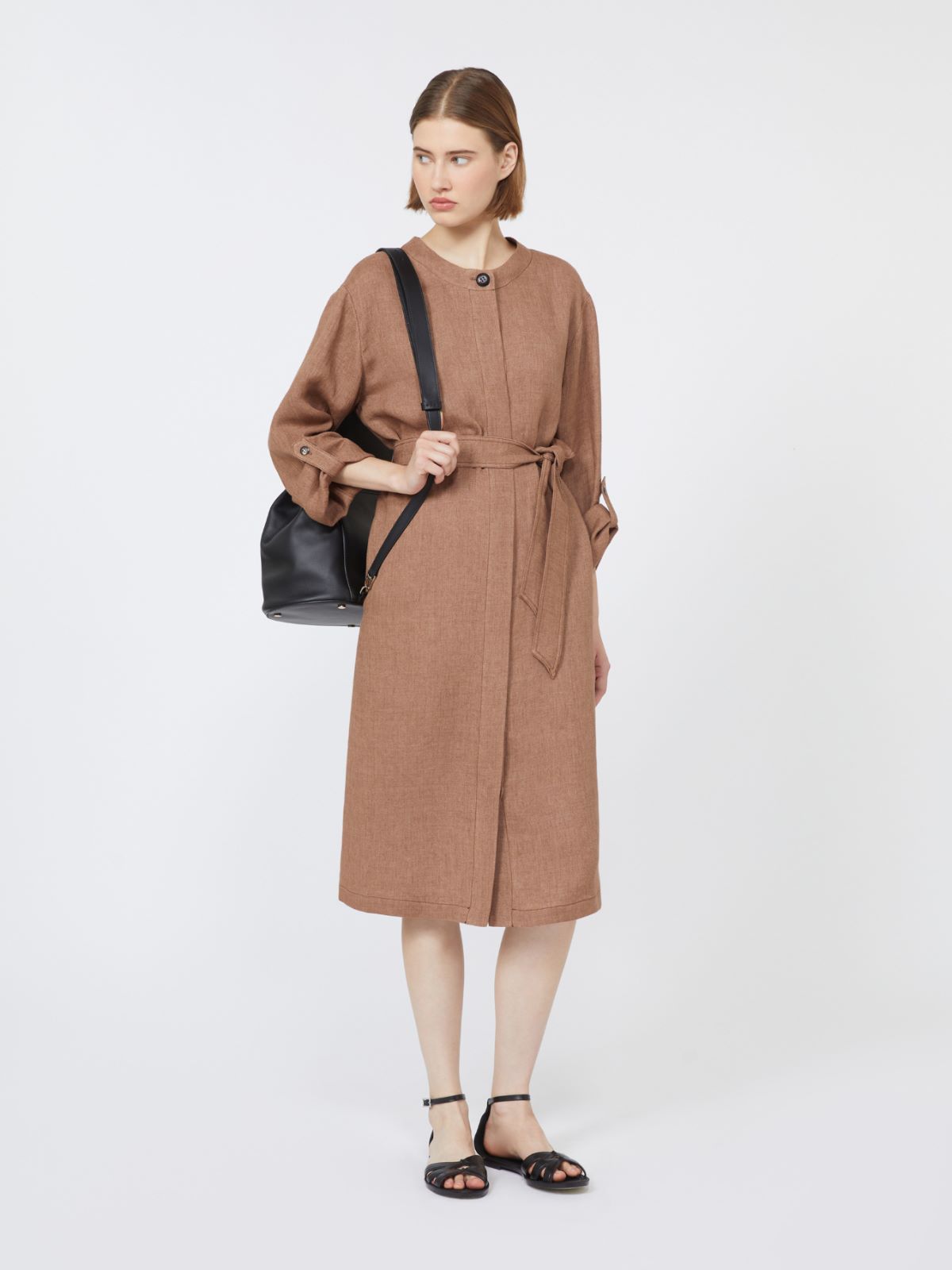 亚麻直筒长款连衣裙 - 褐色 - Marina Rinaldi