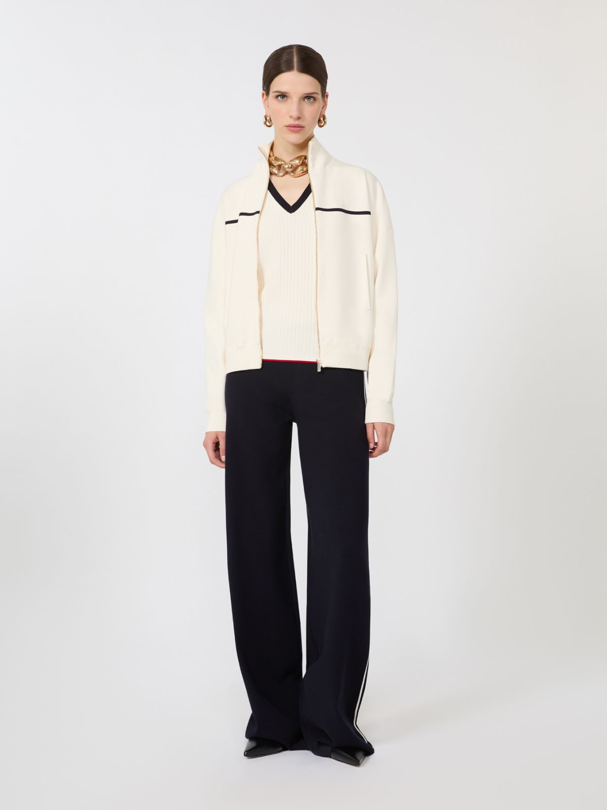 针织廓形短款开衫 - 白色和蓝色 - Marina Rinaldi