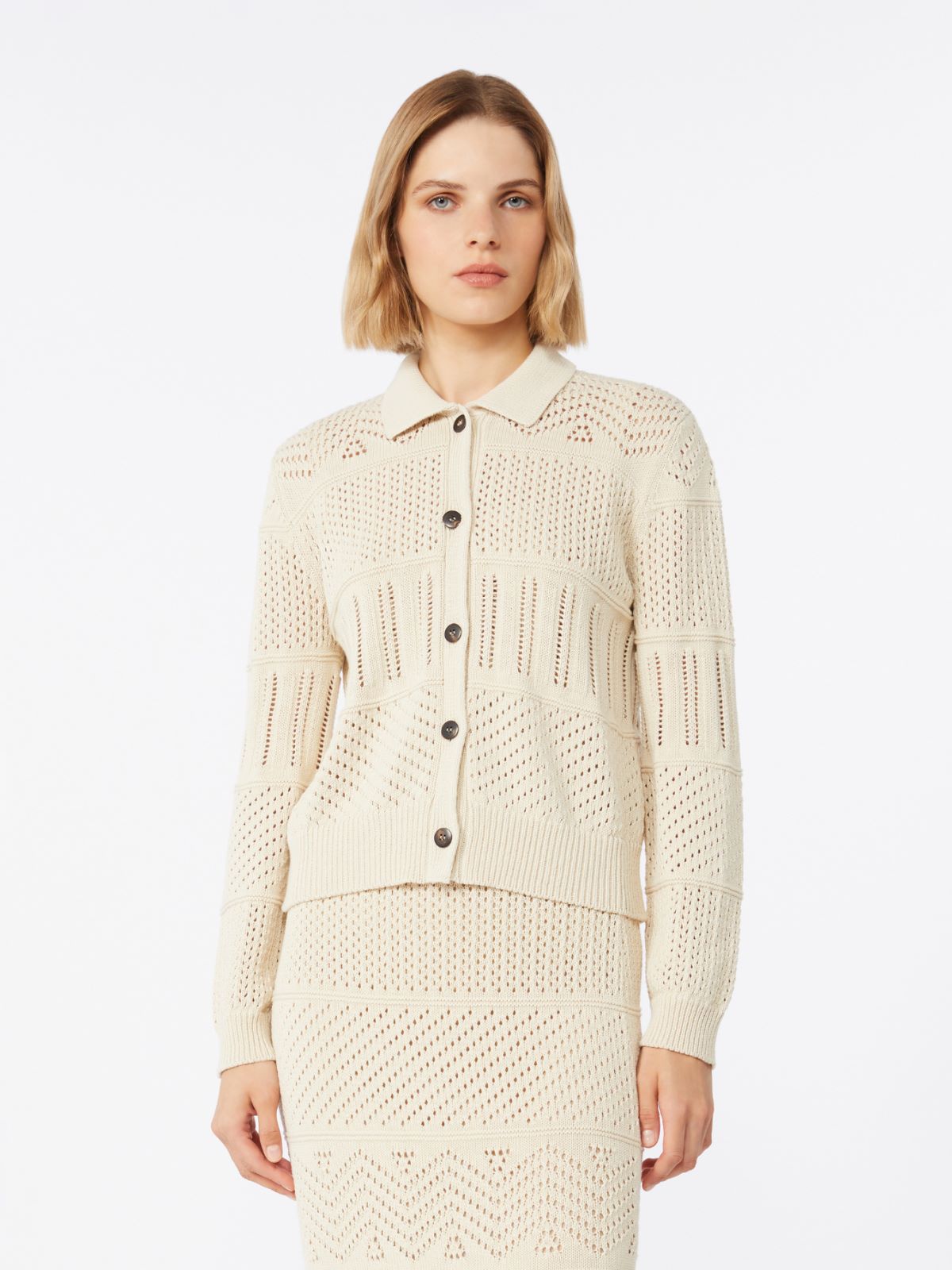 Open-knit cotton yarn cardigan - 米色 - Marina Rinaldi - 2