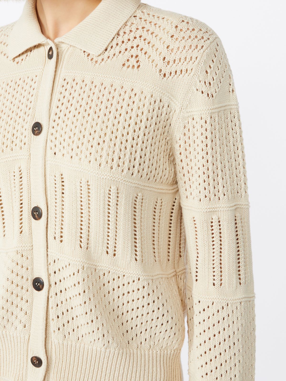 Open-knit cotton yarn cardigan - 米色 - Marina Rinaldi - 4