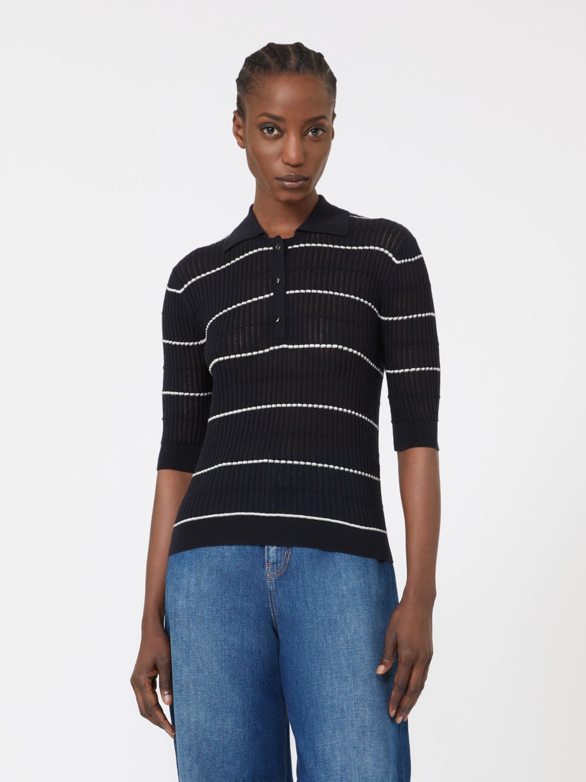 镂空针织polo衫 - 蓝色 - Marina Rinaldi - 2