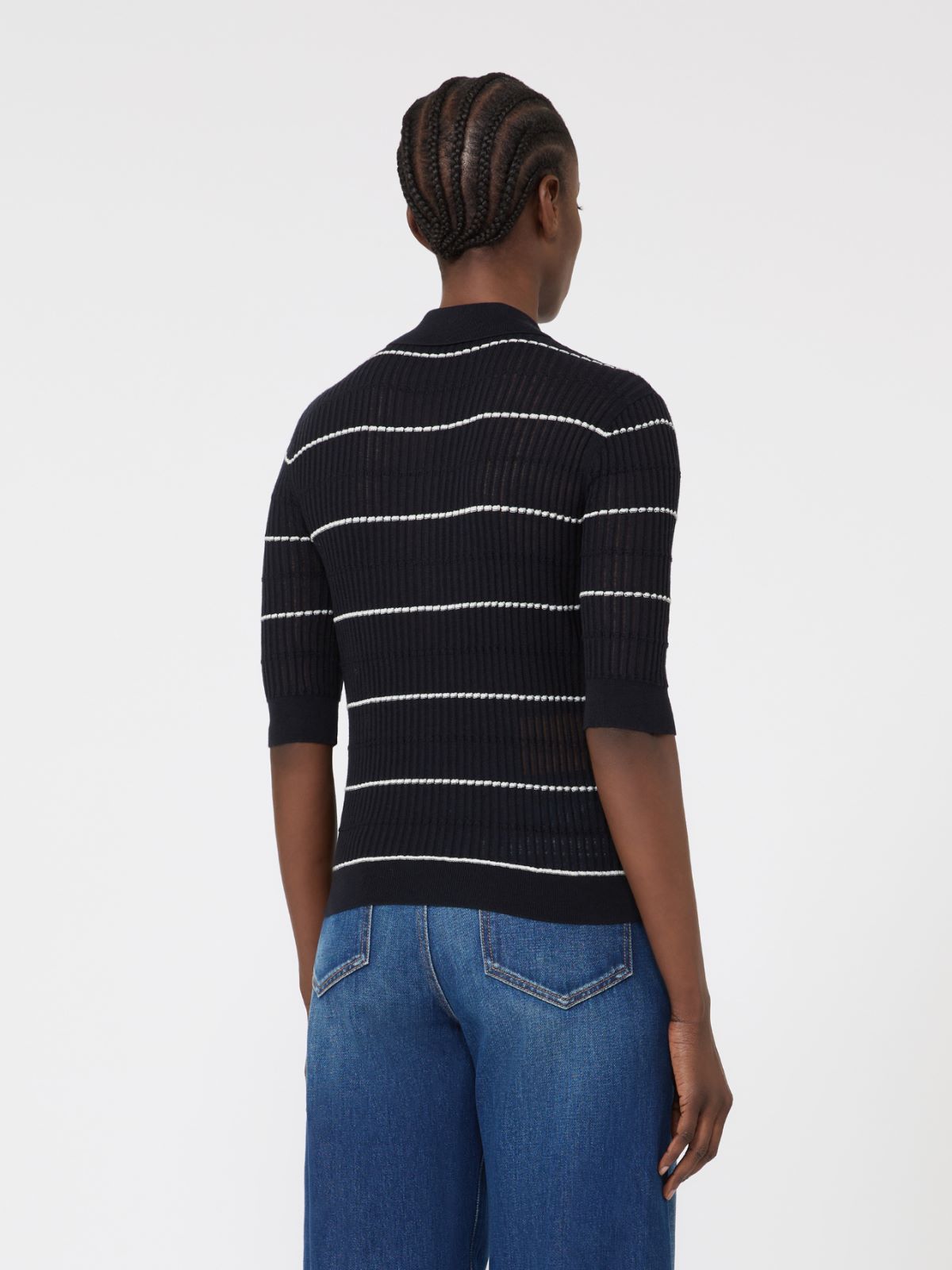 镂空针织polo衫 - 蓝色 - Marina Rinaldi - 3