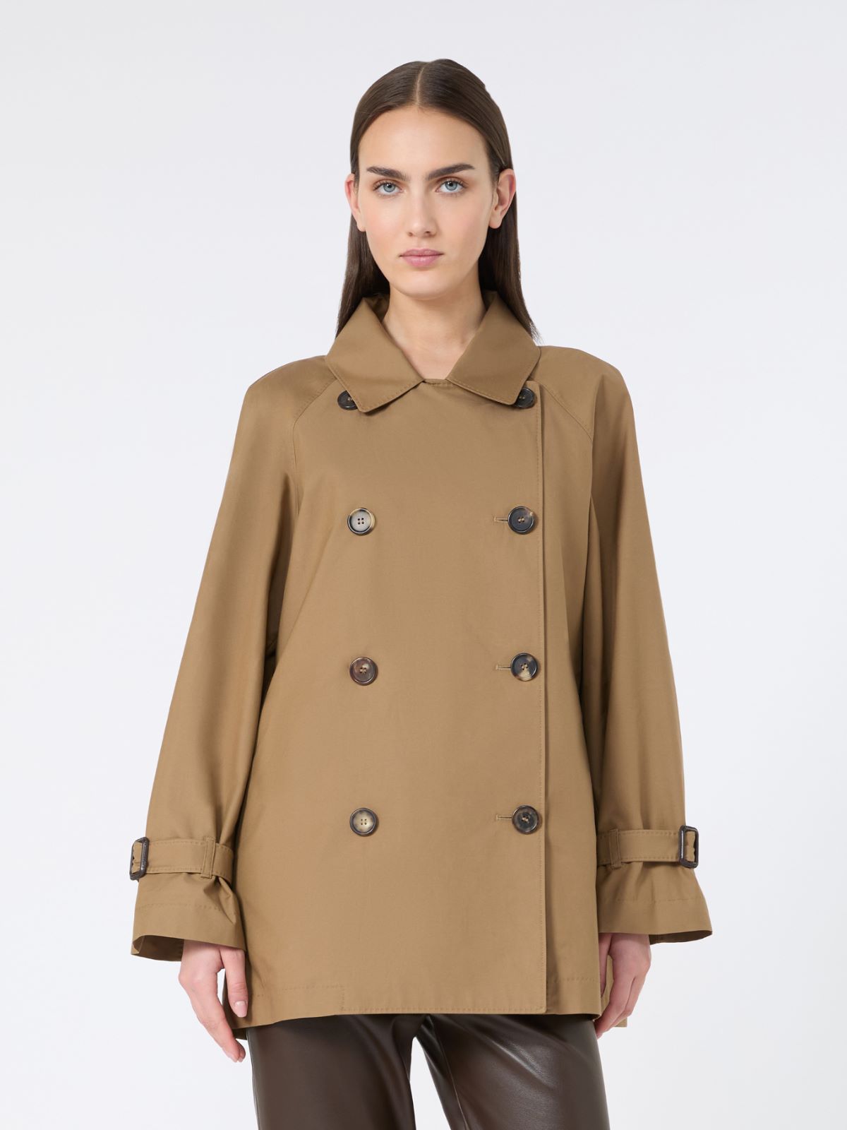 棉质混纺短款双排扣风衣外套 - 褐色 - Marina Rinaldi - 2