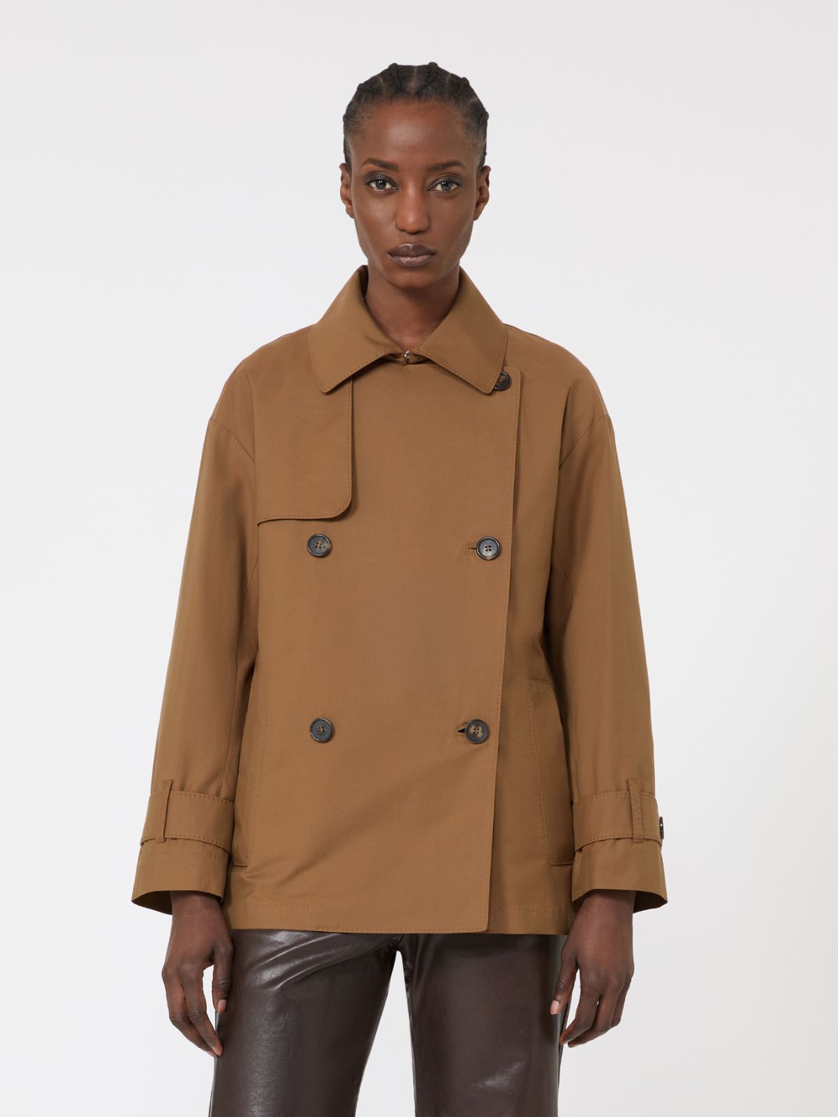 棉质混纺双排扣短款风衣 - 褐色 - Marina Rinaldi - 2