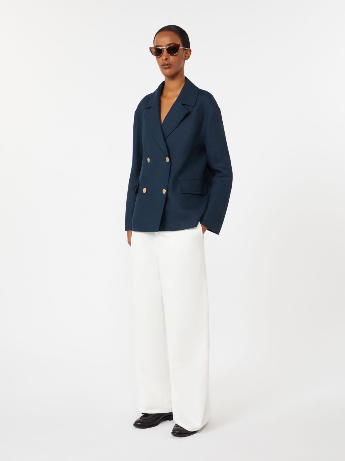 Double-breasted linen jacket - 深蓝色 - Marina Rinaldi