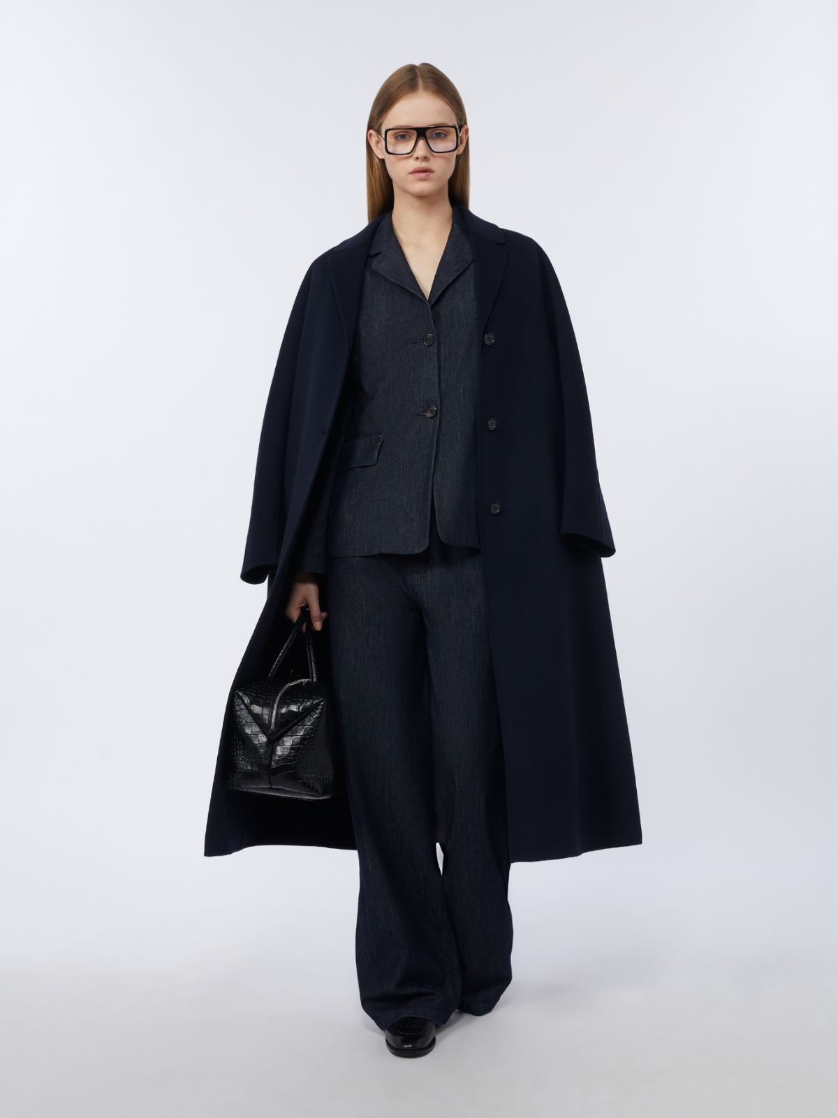 棉质混纺单排扣直筒夹克 - 蓝色 - Marina Rinaldi