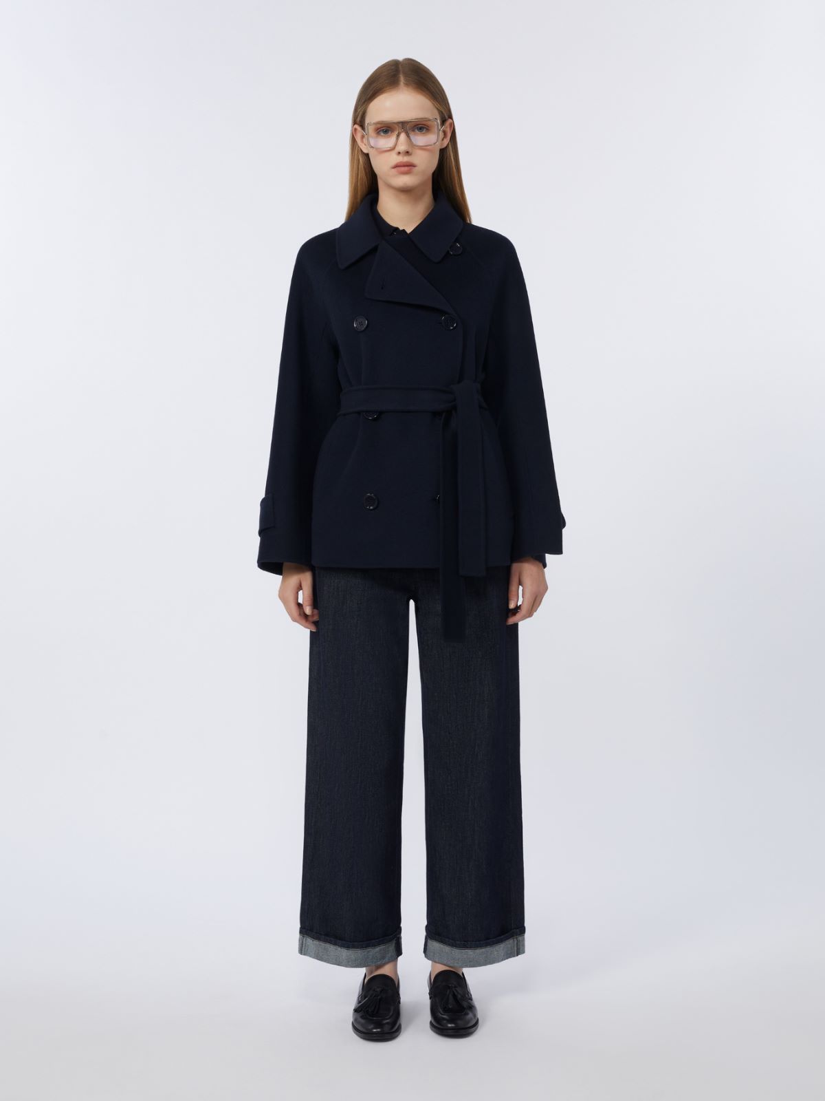 Double-breasted crop coat in pure wool - 深蓝色 - Marina Rinaldi