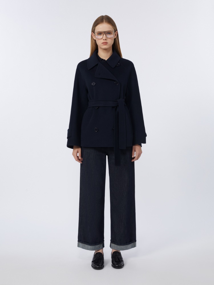 Double-breasted crop coat in pure wool - 深蓝色 - Marina Rinaldi