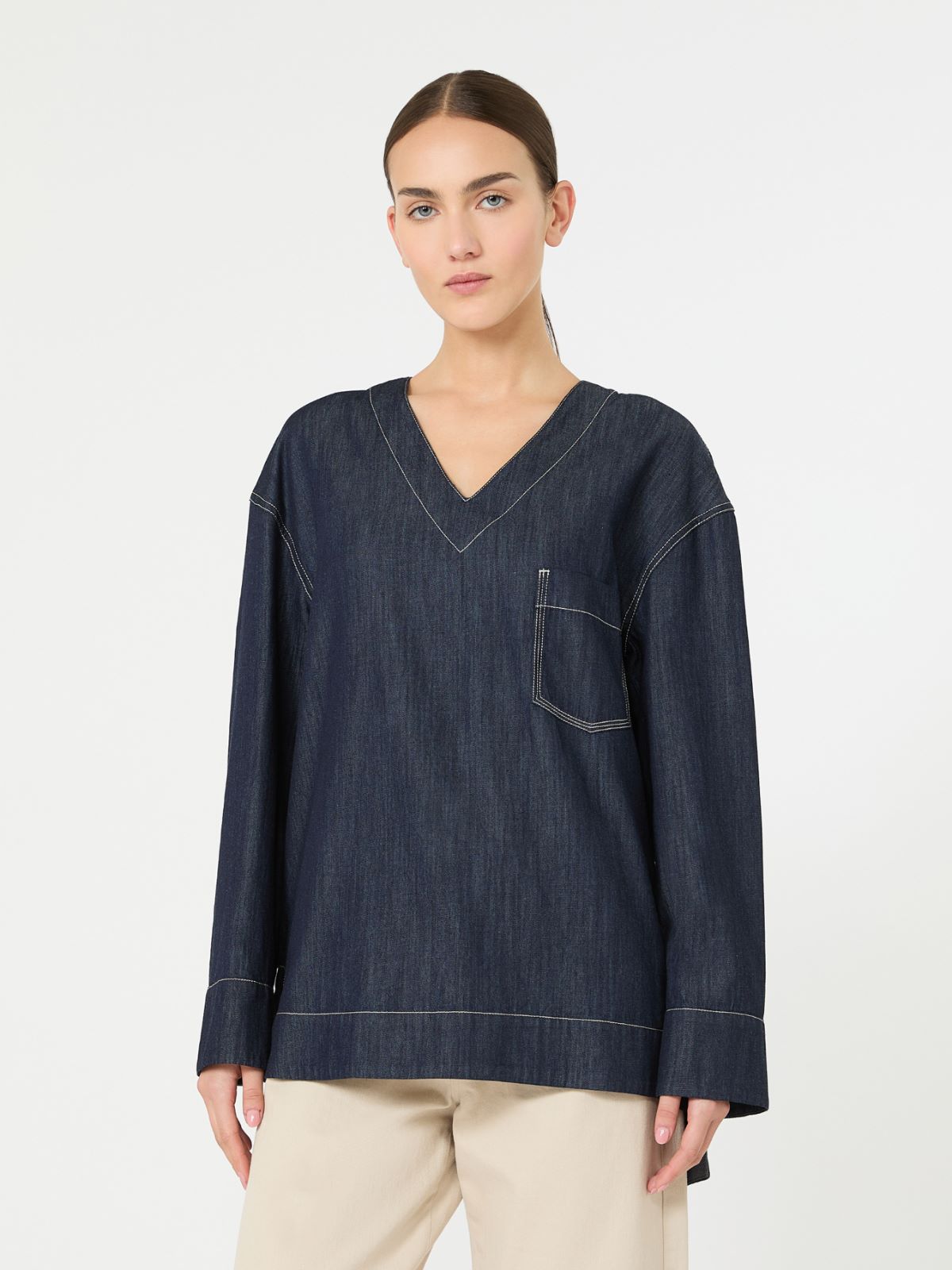 棉质V领衬衫 - 深蓝色 - Marina Rinaldi - 2