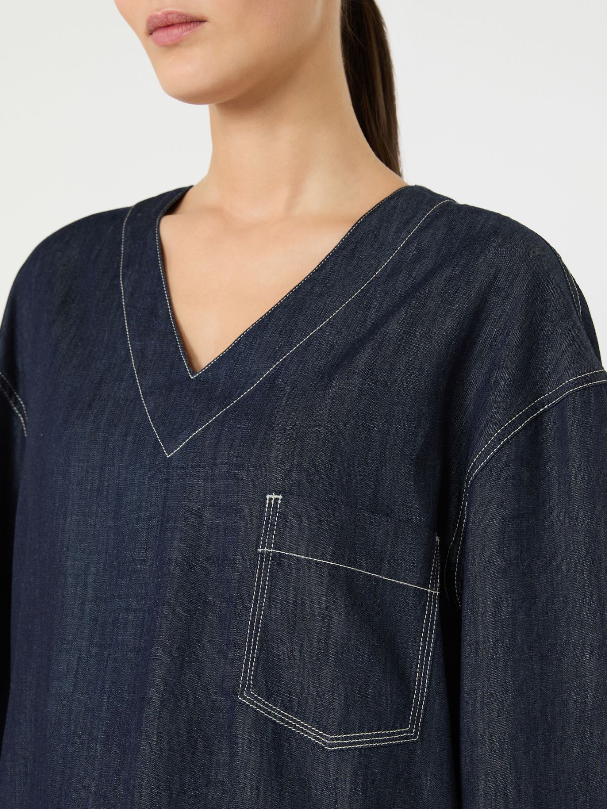 棉质V领衬衫 - 深蓝色 - Marina Rinaldi - 4