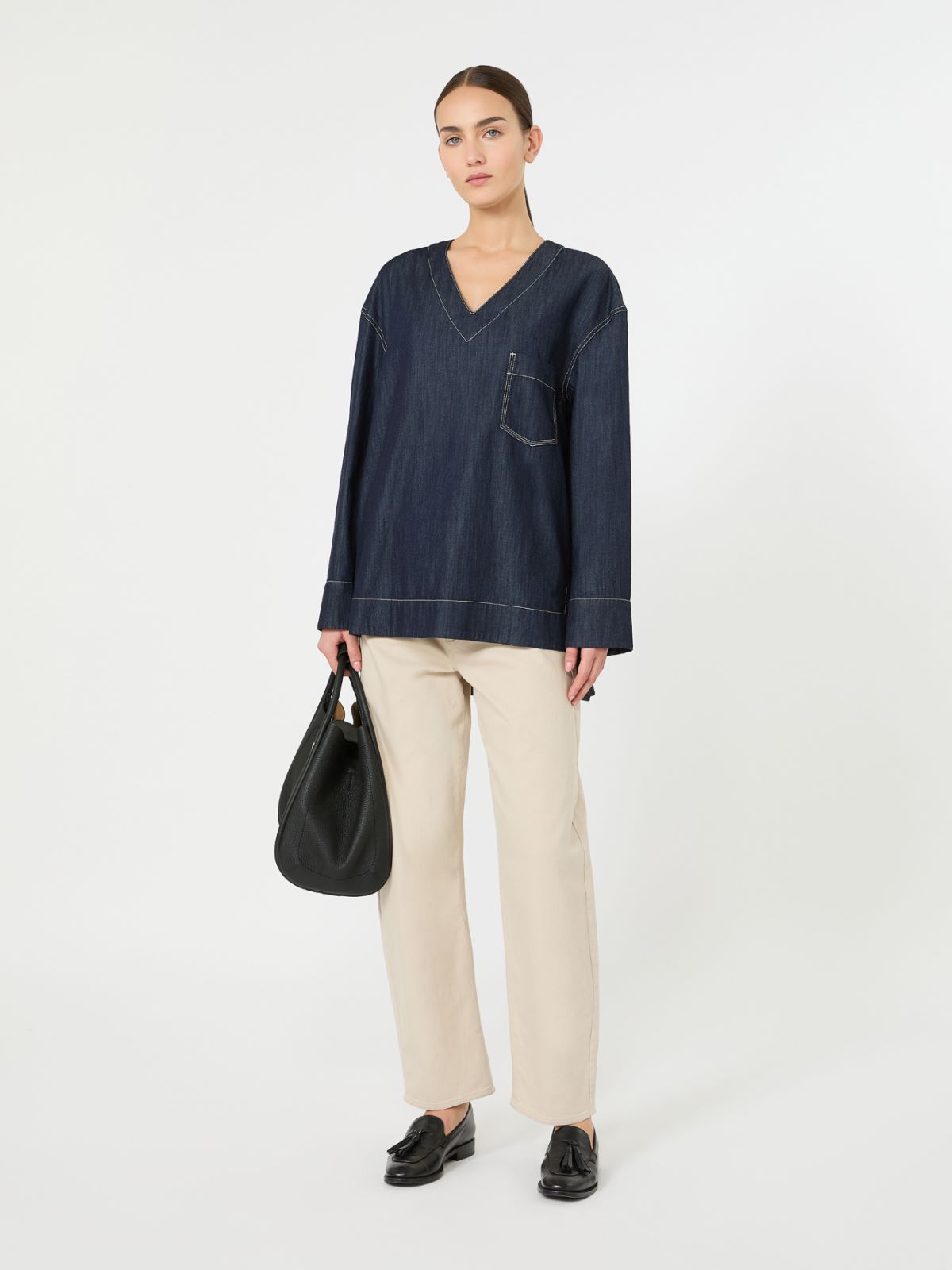 棉质V领衬衫 - 深蓝色 - Marina Rinaldi