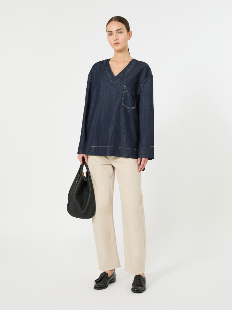 棉质V领衬衫 - 深蓝色 - Marina Rinaldi