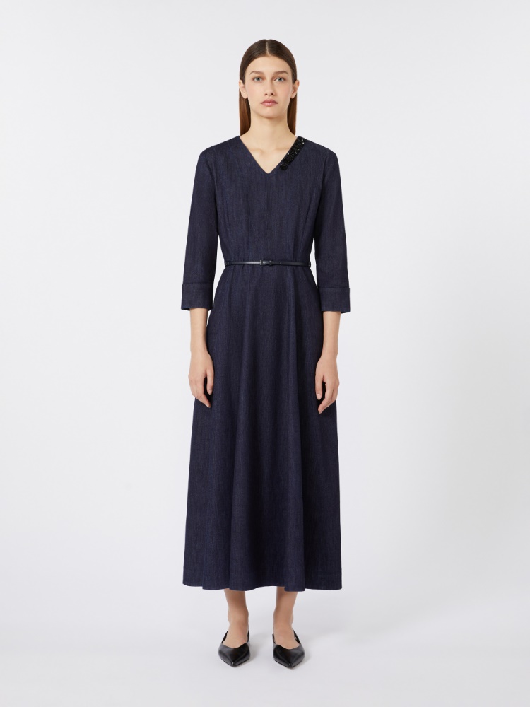 棉质混纺V领连衣裙 - 深蓝色 - Marina Rinaldi - 2