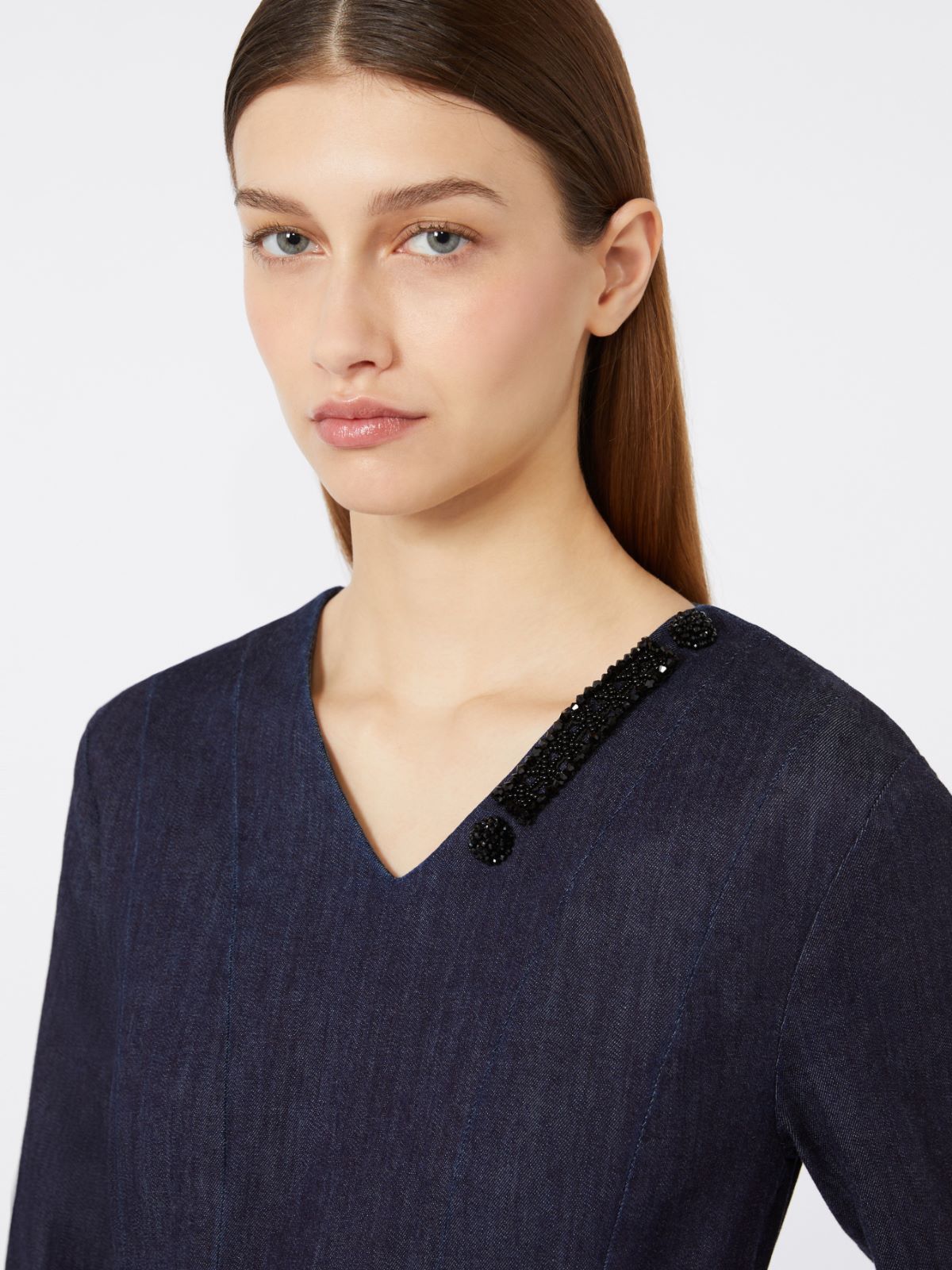 棉质混纺V领连衣裙 - 深蓝色 - Marina Rinaldi - 4