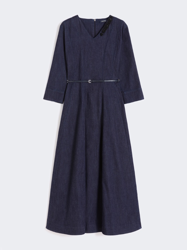 棉质混纺V领连衣裙 - 深蓝色 - Marina Rinaldi - 6